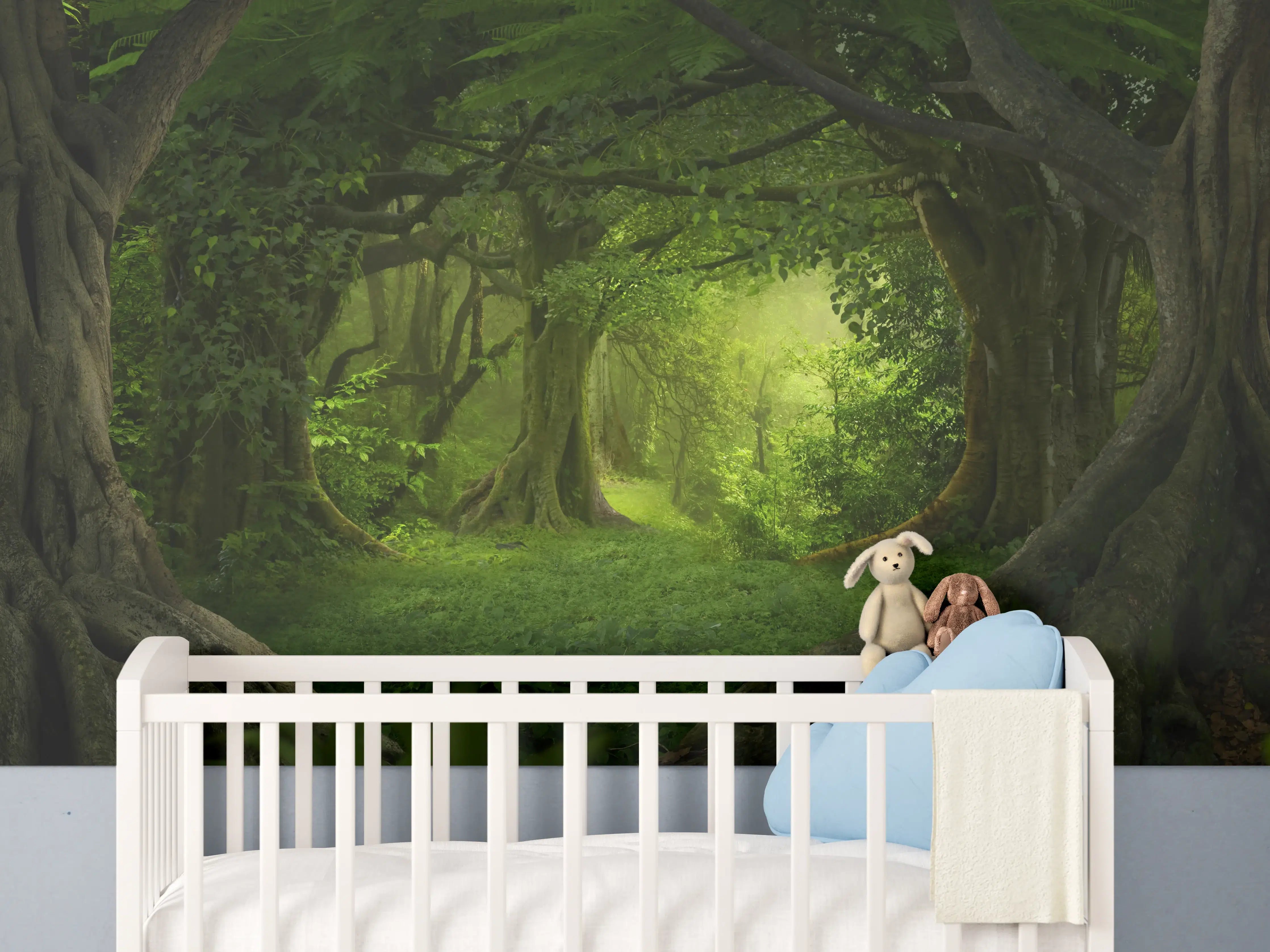 Babyzimmer Wandgestaltung - Grüne Dschungel Lichtung Panorama