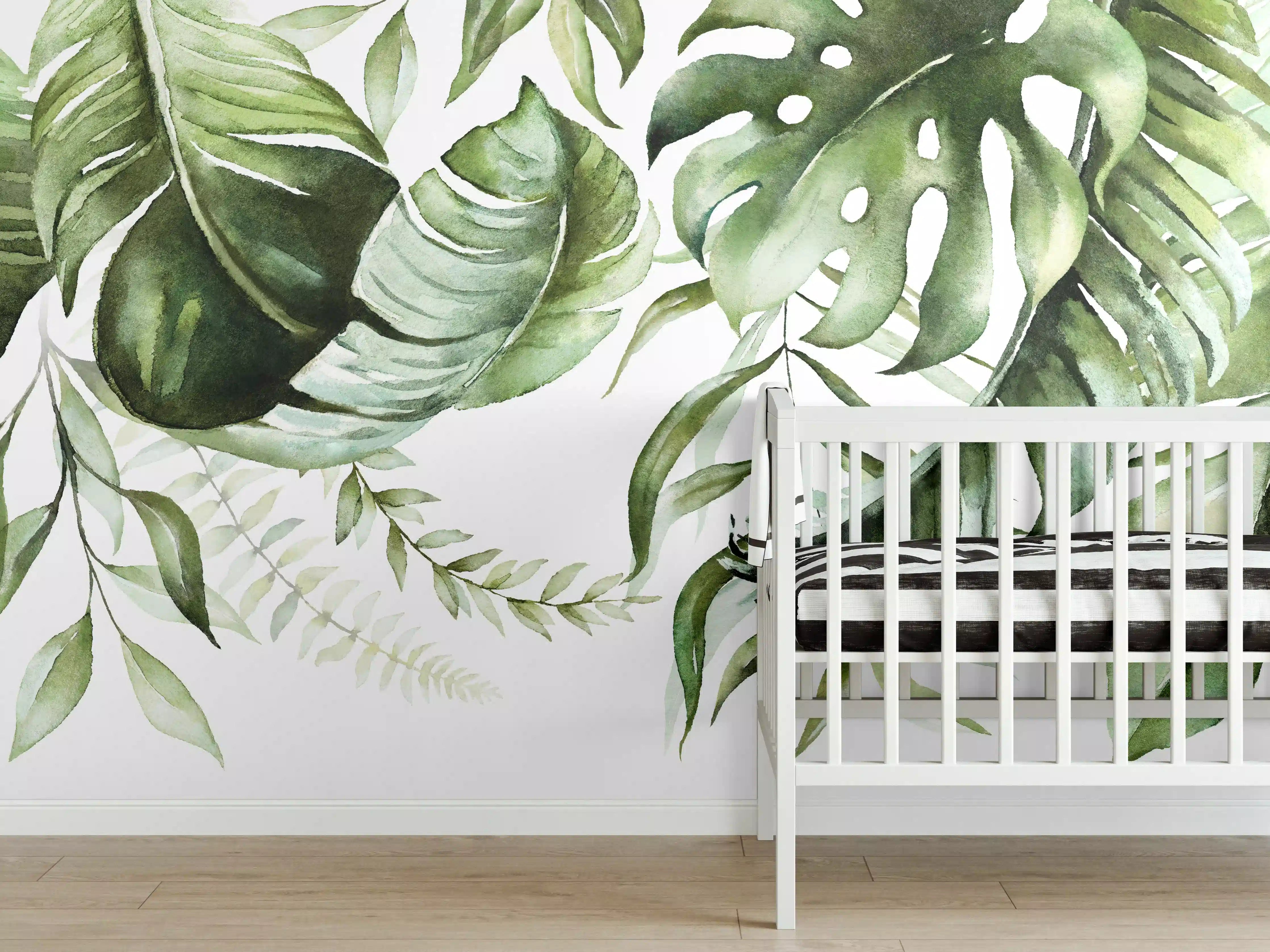 Babyzimmer Wandgestaltung - Grüne Tropenblätter Aquarell