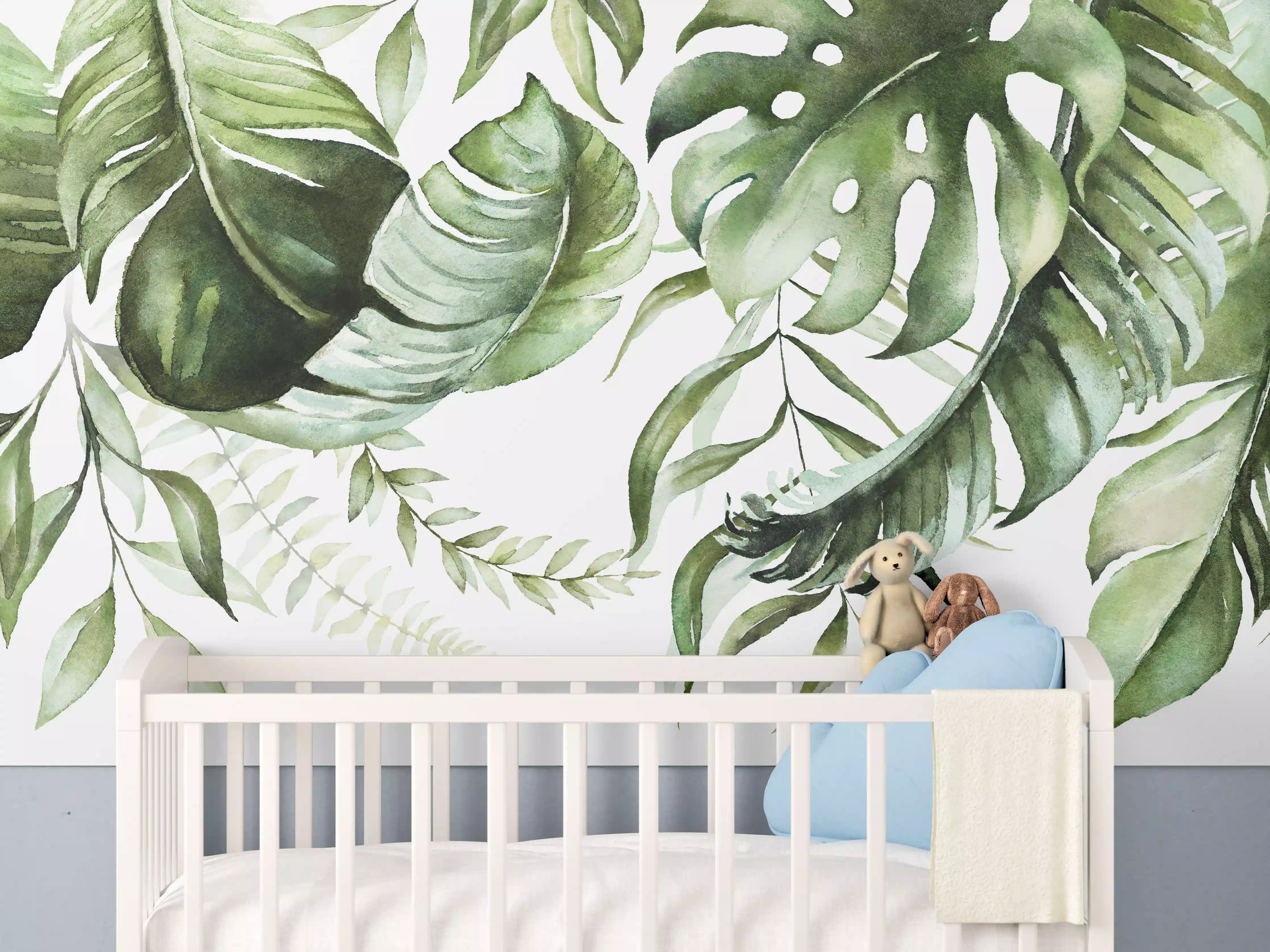 Babyzimmer Wandgestaltung - Grüne Tropenblätter Aquarell