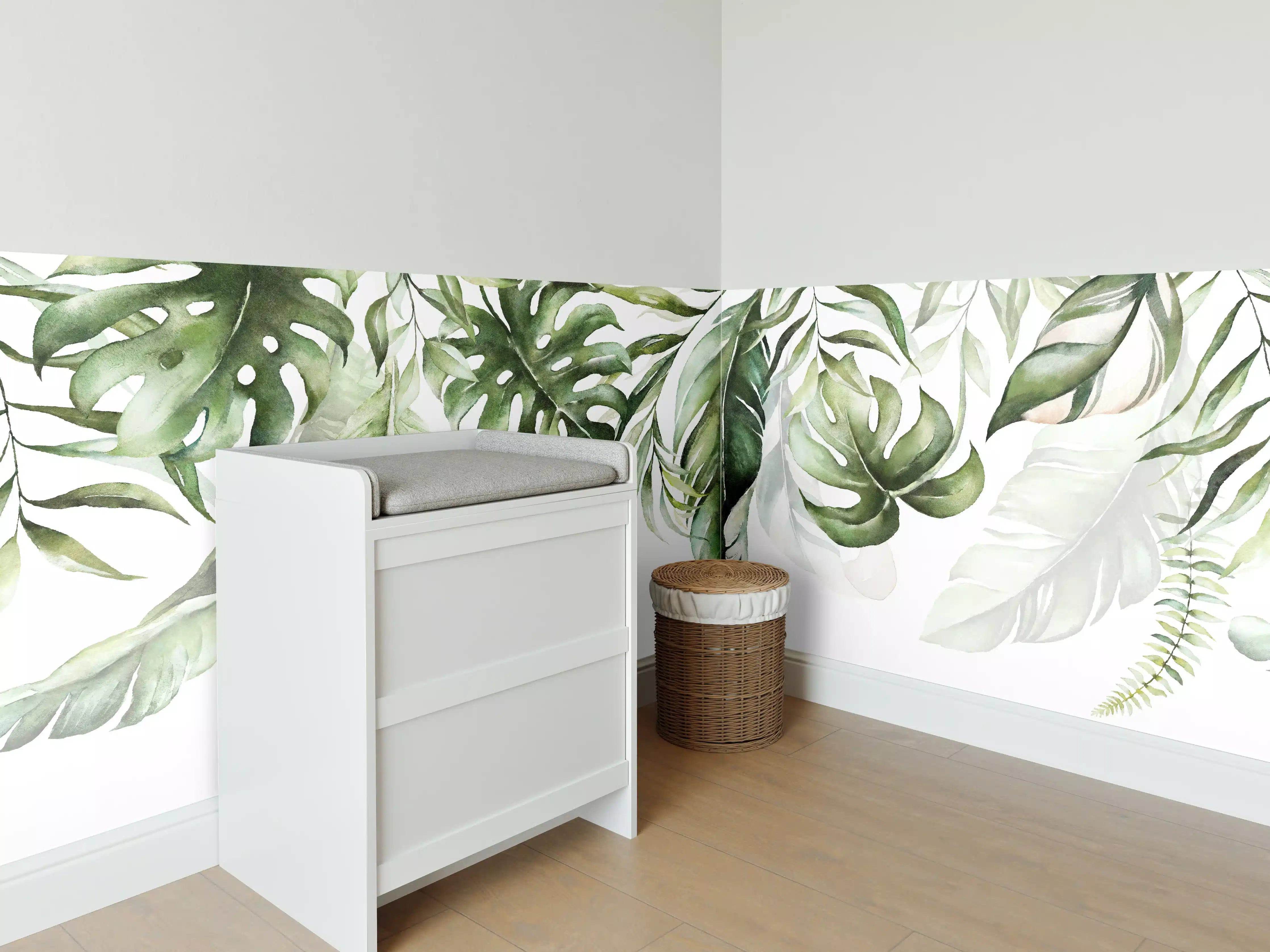 Babyzimmer Wandgestaltung - Grüne tropische Blätter Aquarell