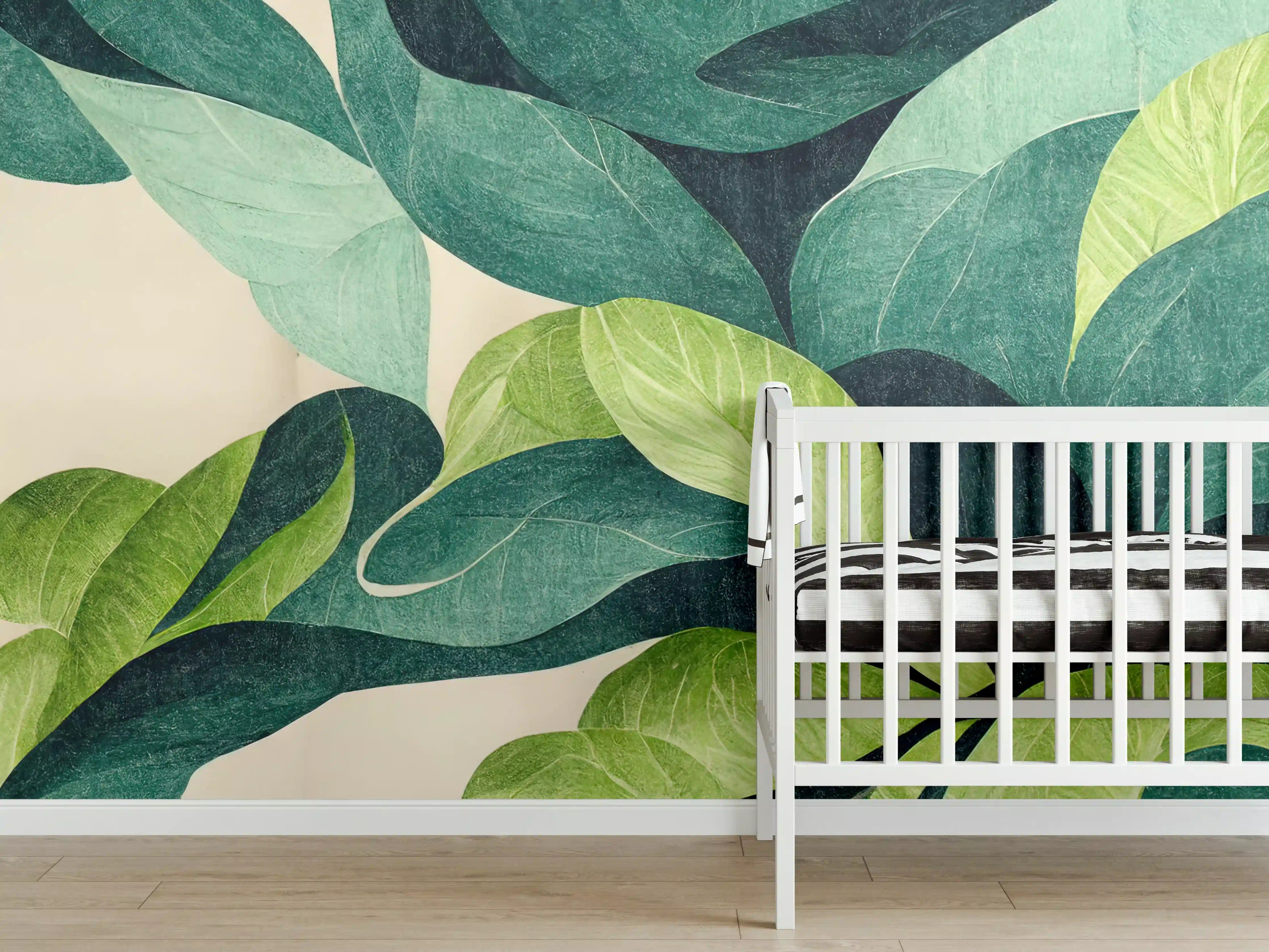 Babyzimmer Wandgestaltung - Grüner Blätterdschungel in Wasserfarben