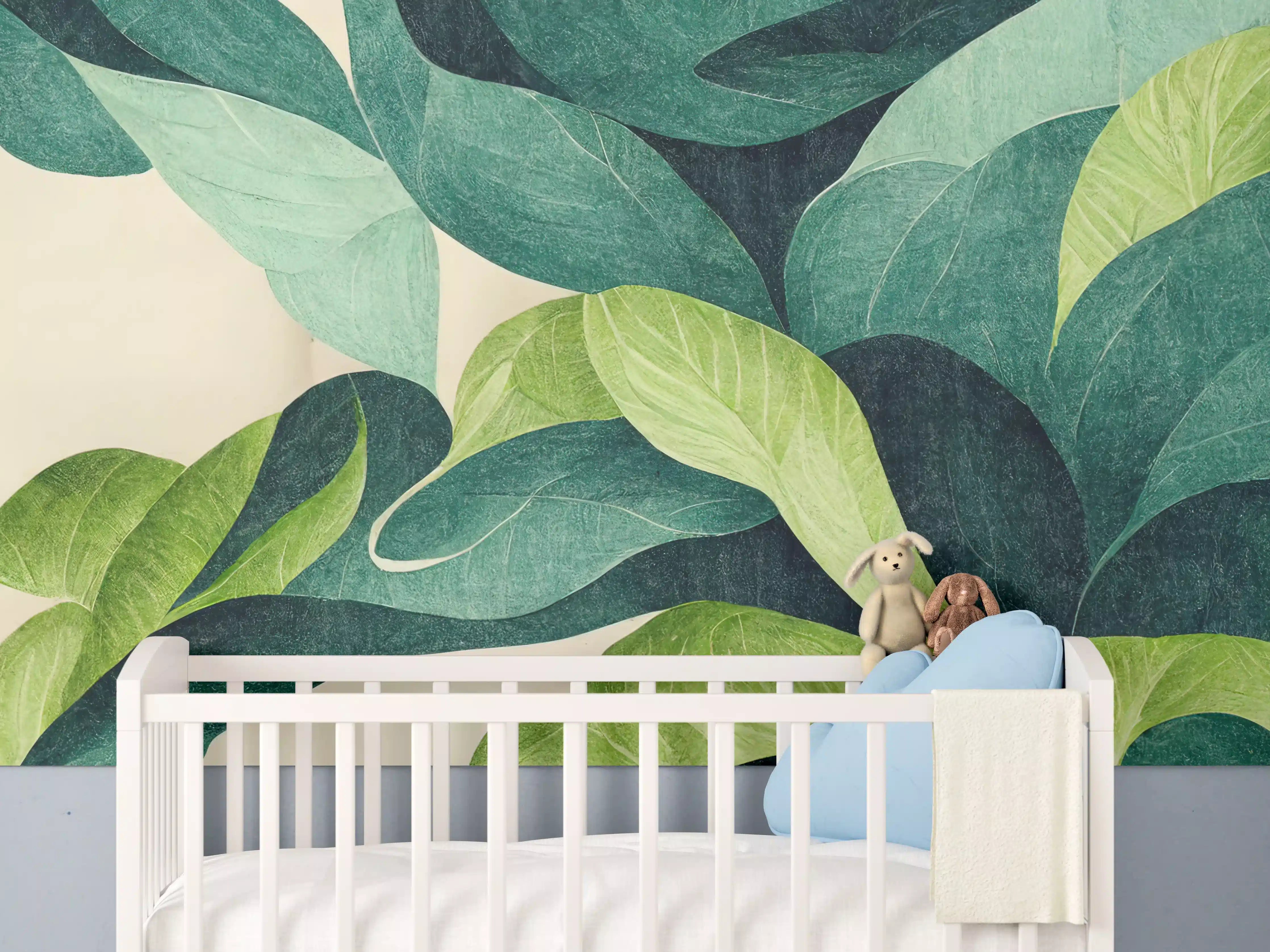 Babyzimmer Wandgestaltung - Grüner Blätterdschungel in Wasserfarben