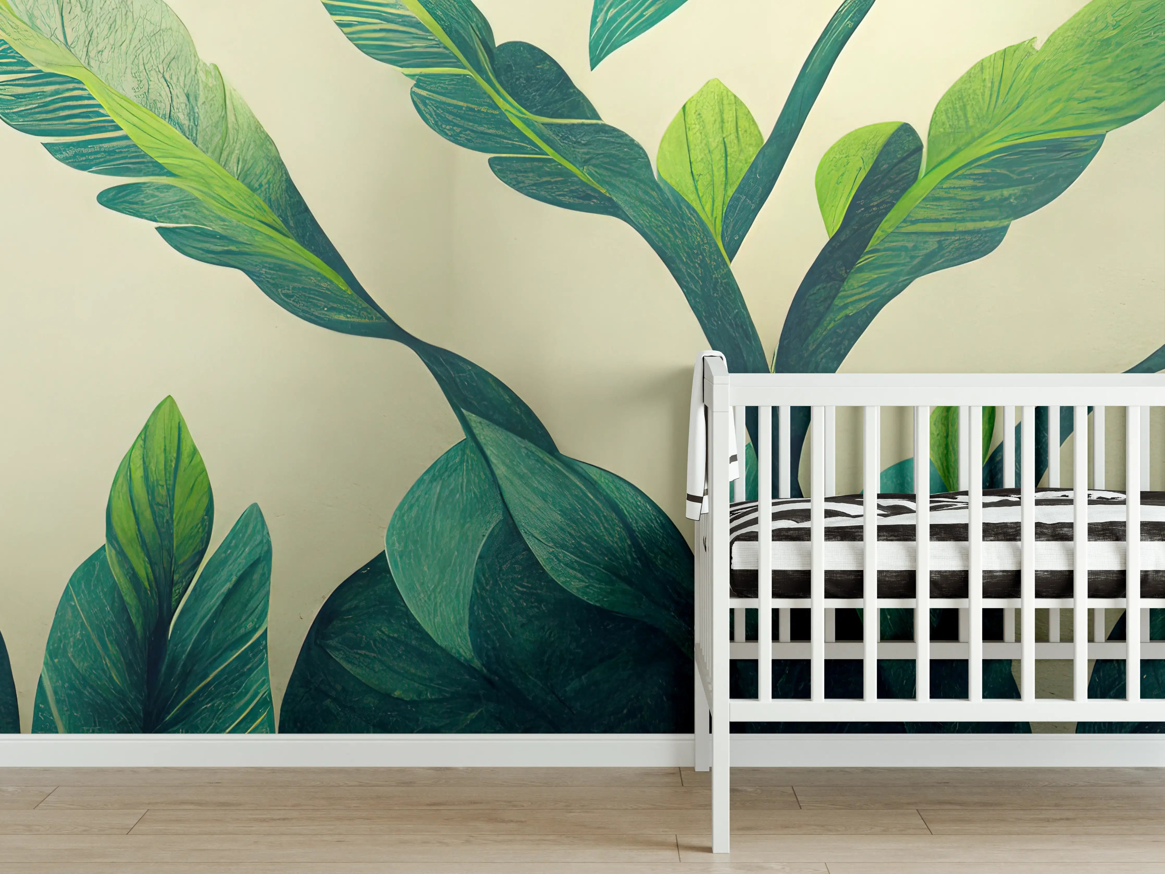 Babyzimmer Wandgestaltung - Grüner Pflanzenstil mit großen Blättern