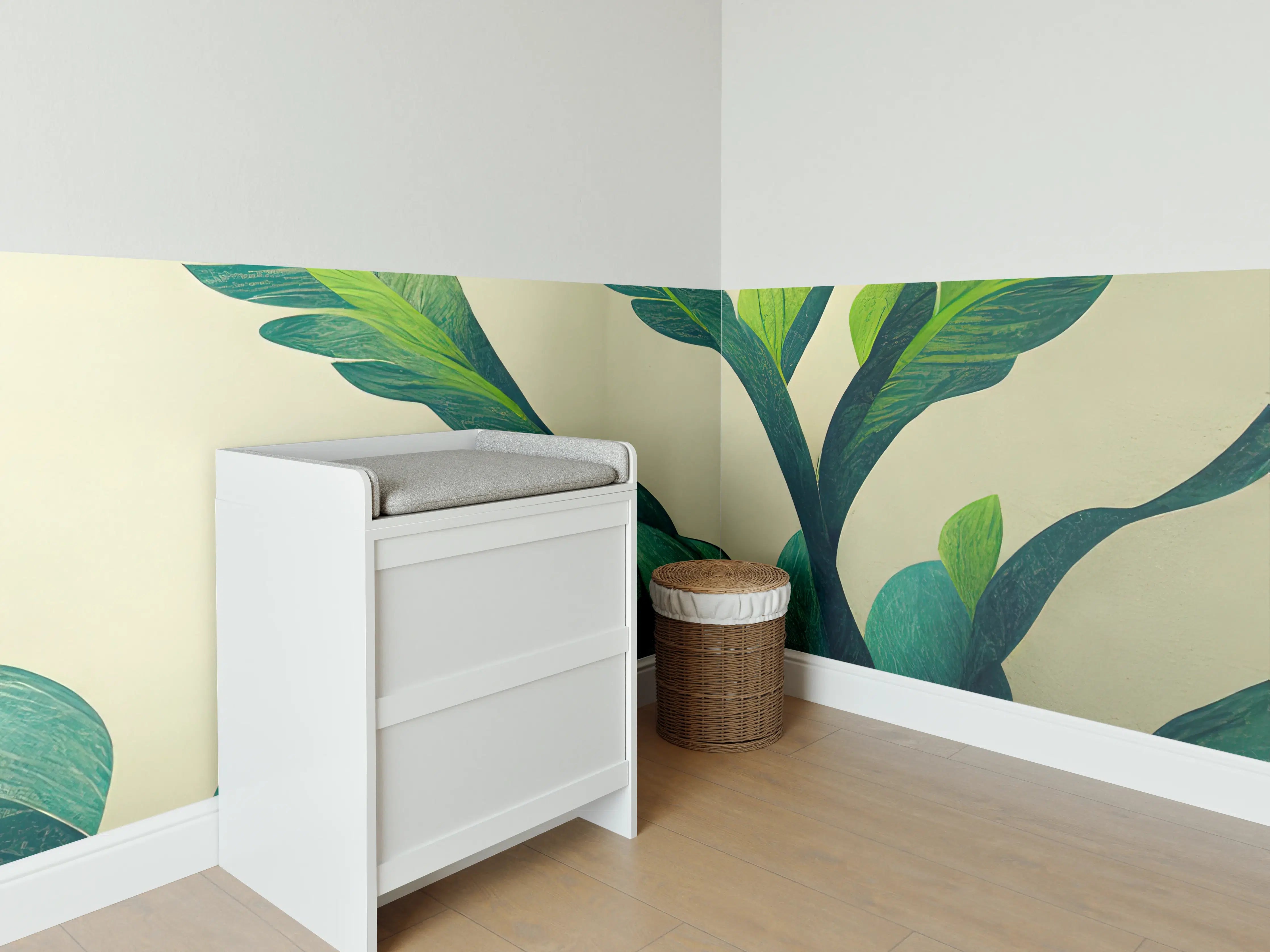 Babyzimmer Wandgestaltung - Grüner Pflanzenstil mit großen Blättern