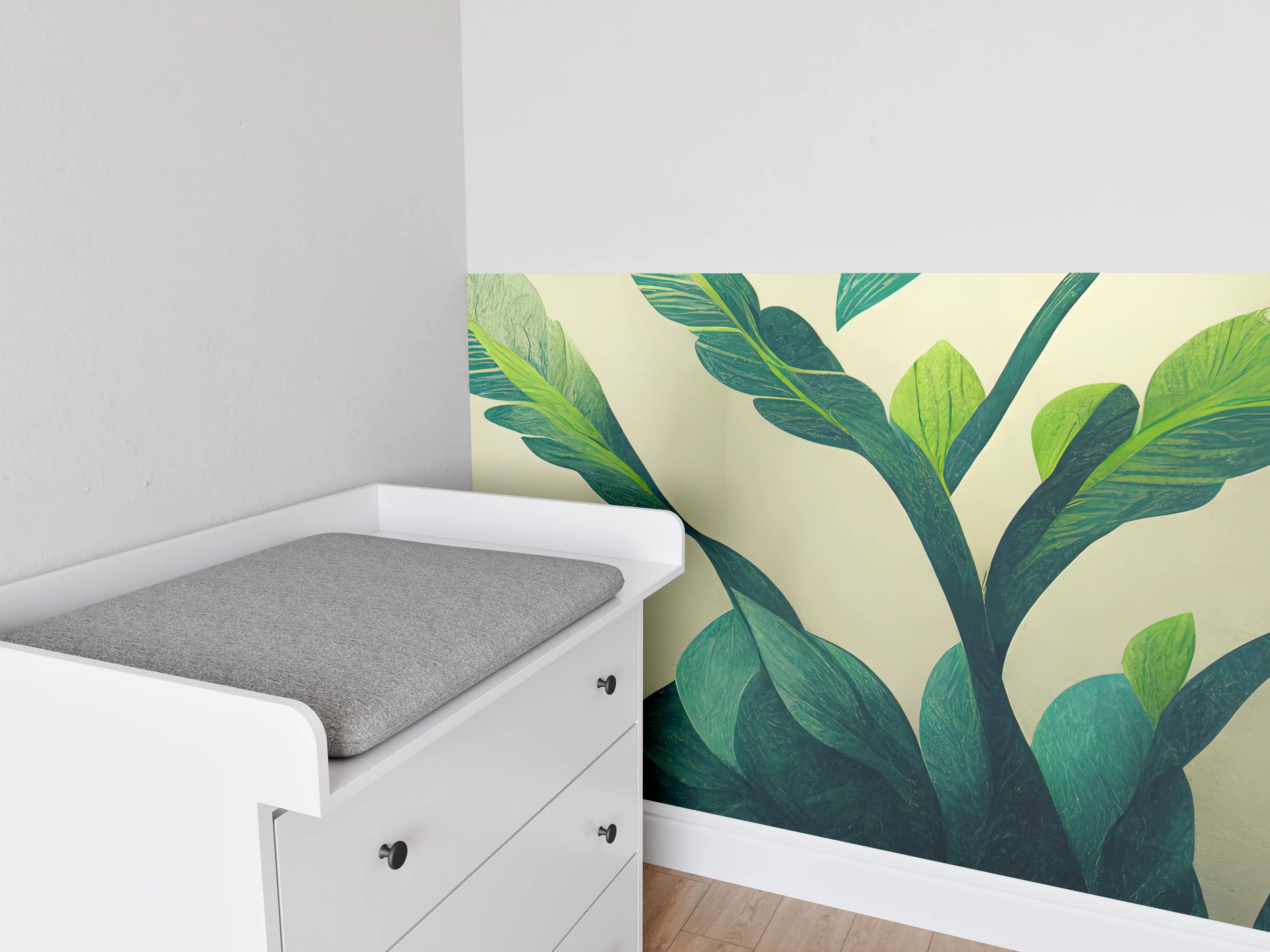 Babyzimmer Wandgestaltung - Grüner Pflanzenstil mit großen Blättern