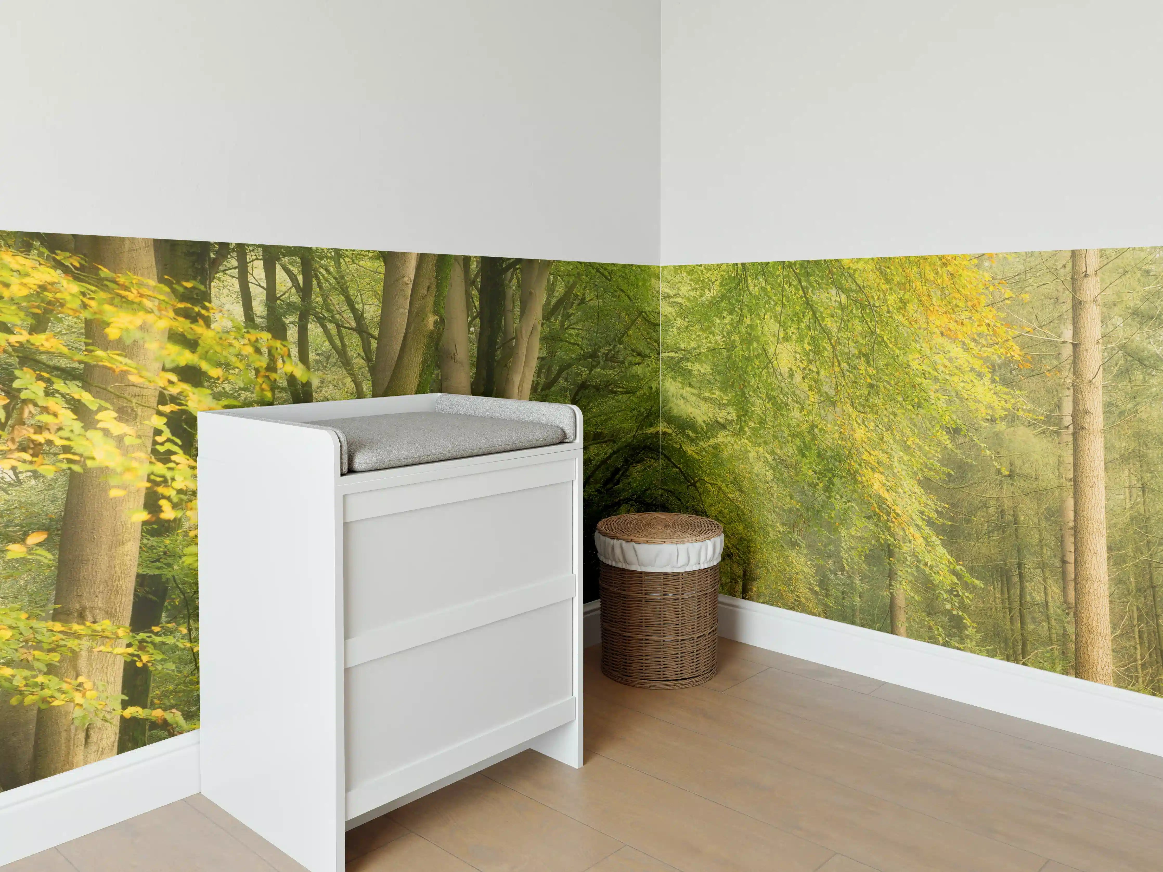 Babyzimmer Wandgestaltung - Grüner Waldweg im Sonnenlicht