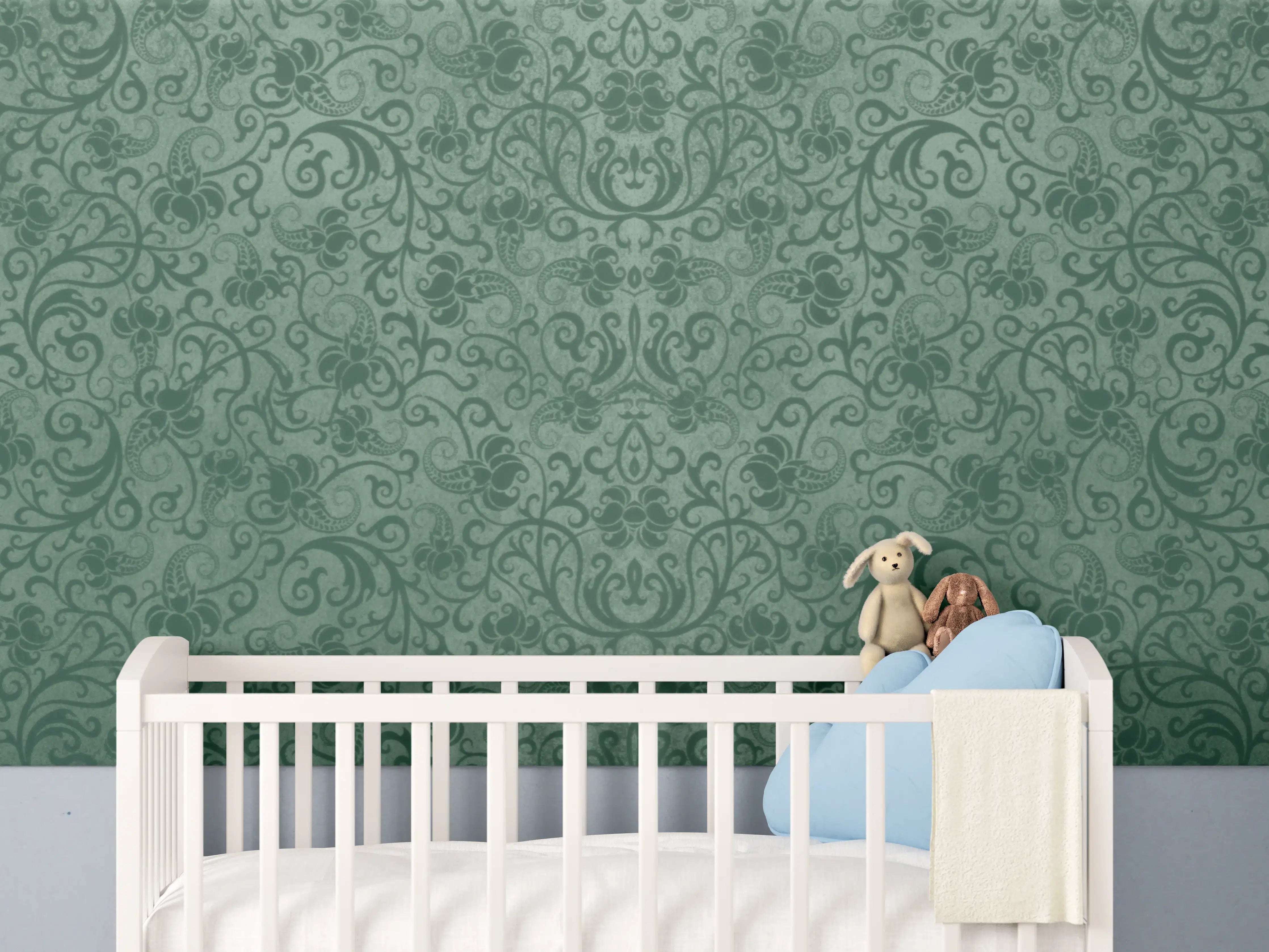 Babyzimmer Wandgestaltung - Grünes Damast Muster