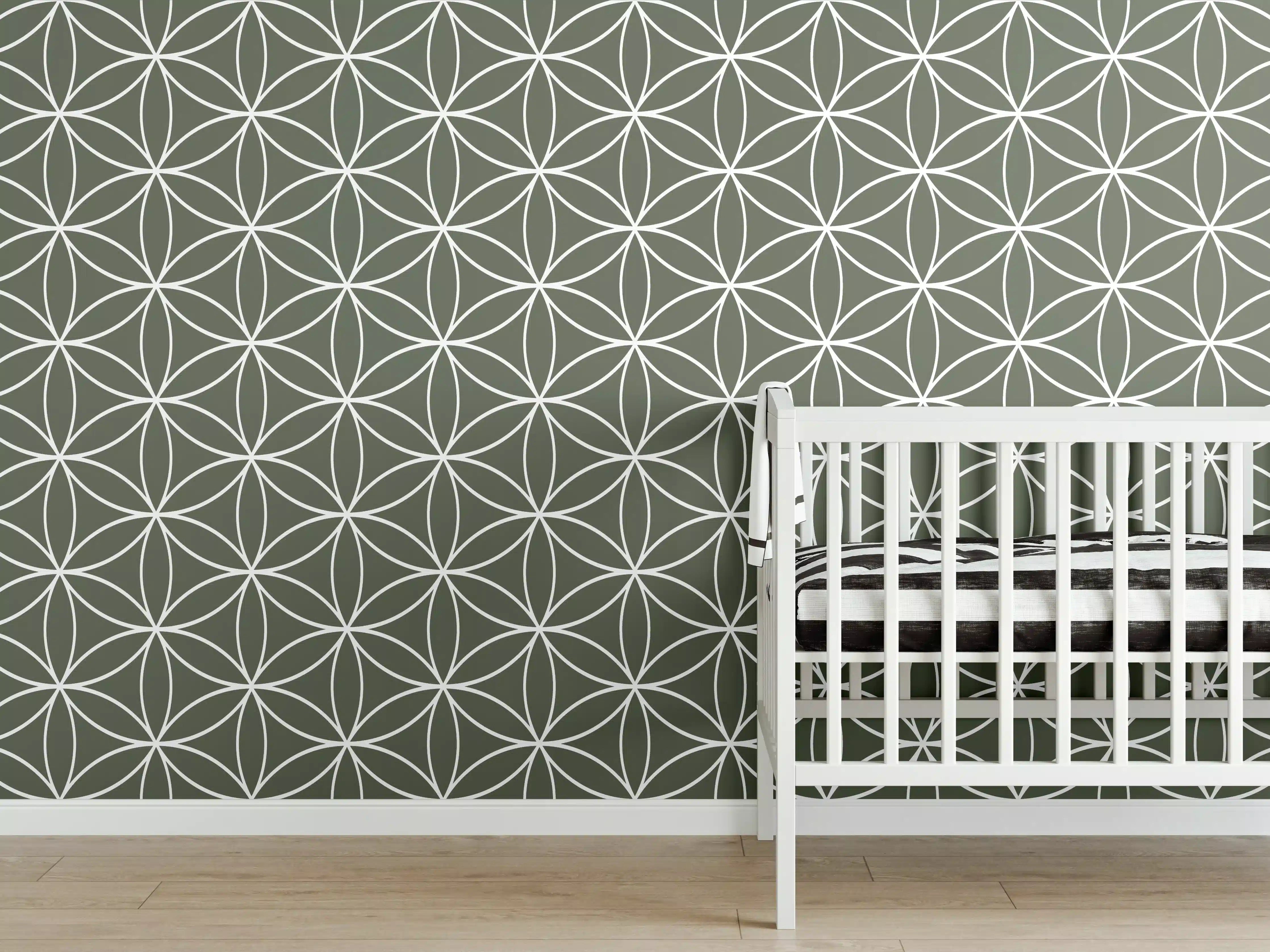 Babyzimmer Wandgestaltung - Grünes geometrisches Muster mit weißen Linien