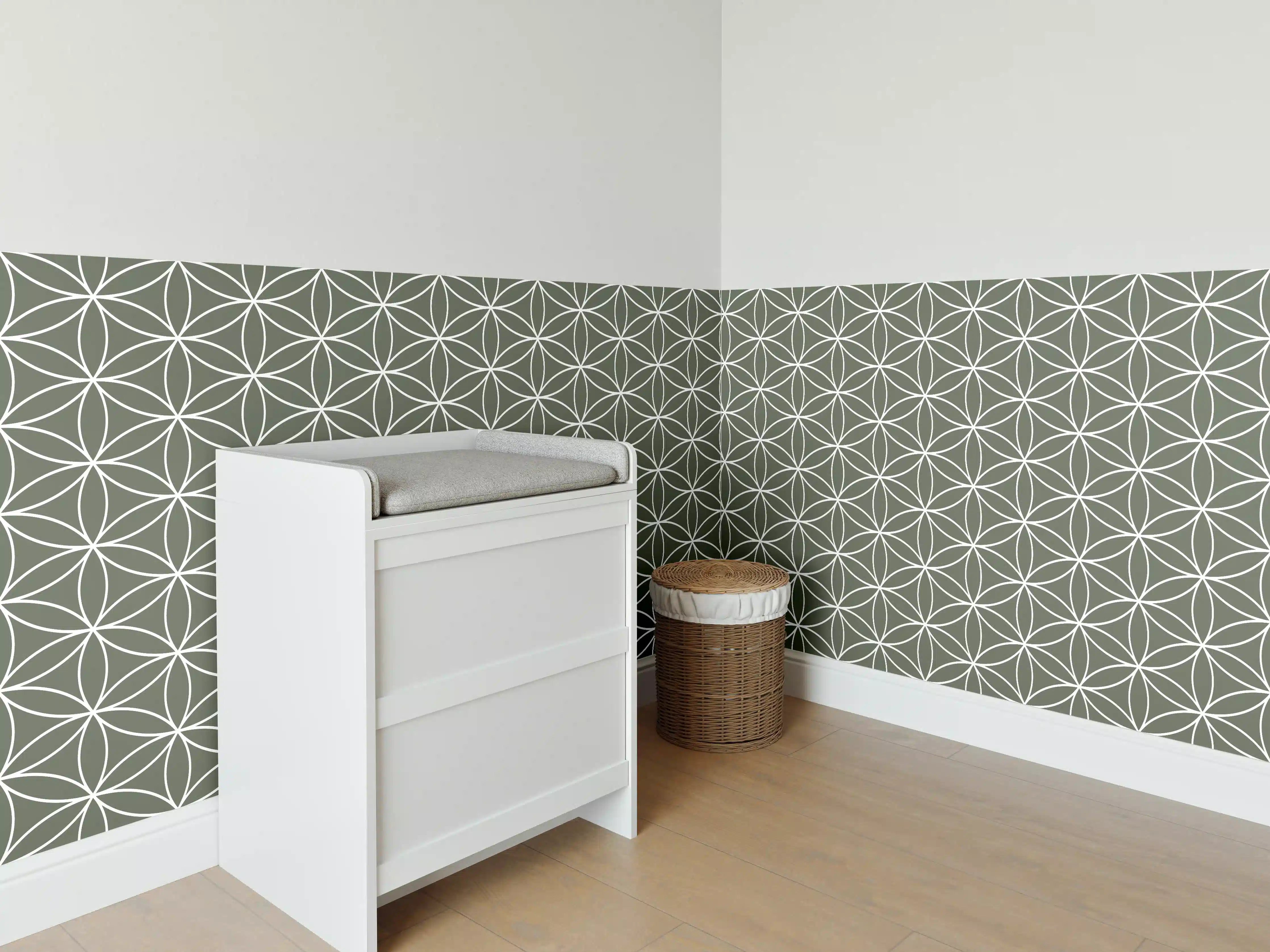 Babyzimmer Wandgestaltung - Grünes geometrisches Muster mit weißen Linien