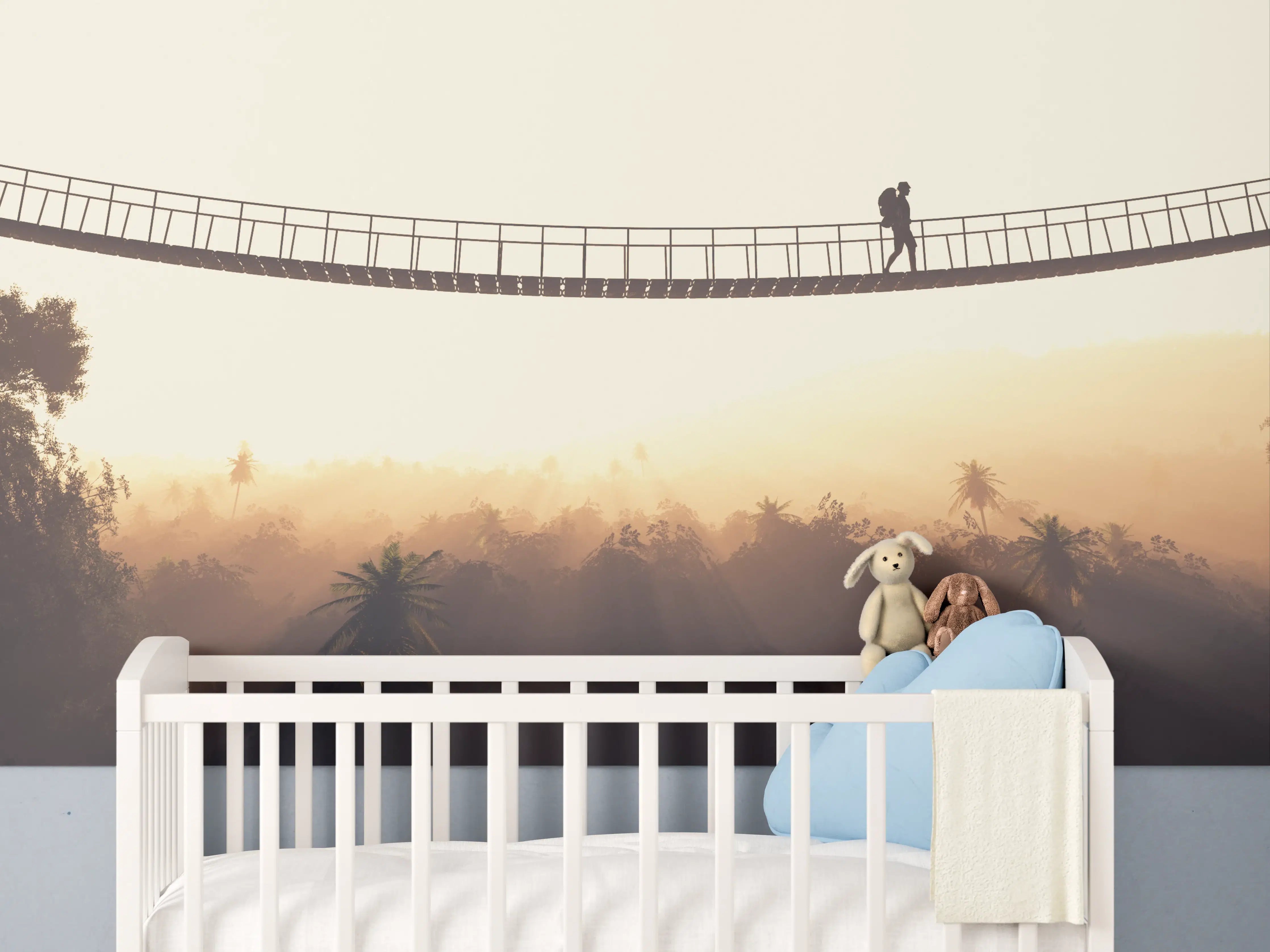 Babyzimmer Wandgestaltung - Hängebrücke im Nebel bei Sonnenaufgang