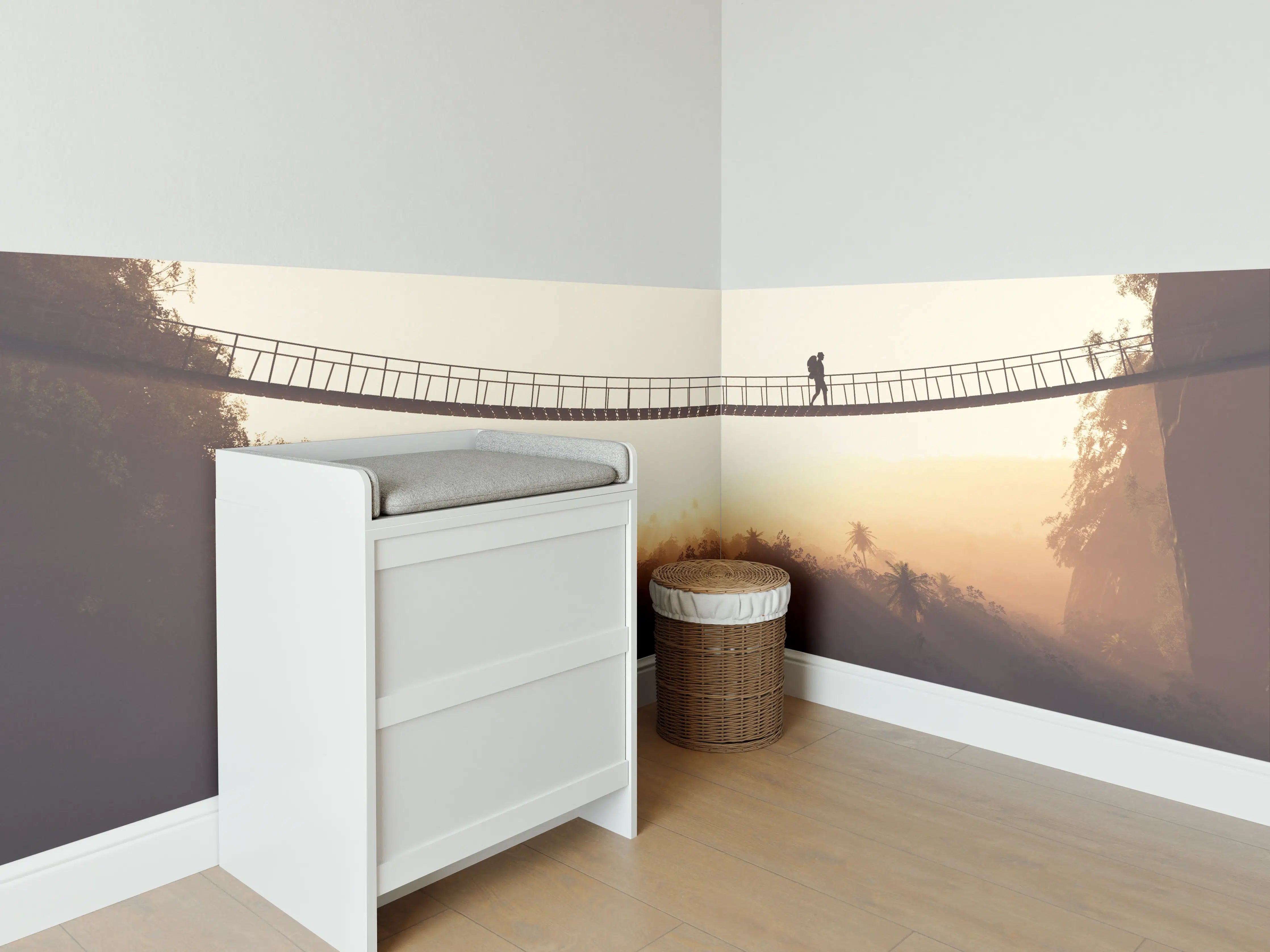 Babyzimmer Wandgestaltung - Hängebrücke im Nebel bei Sonnenaufgang