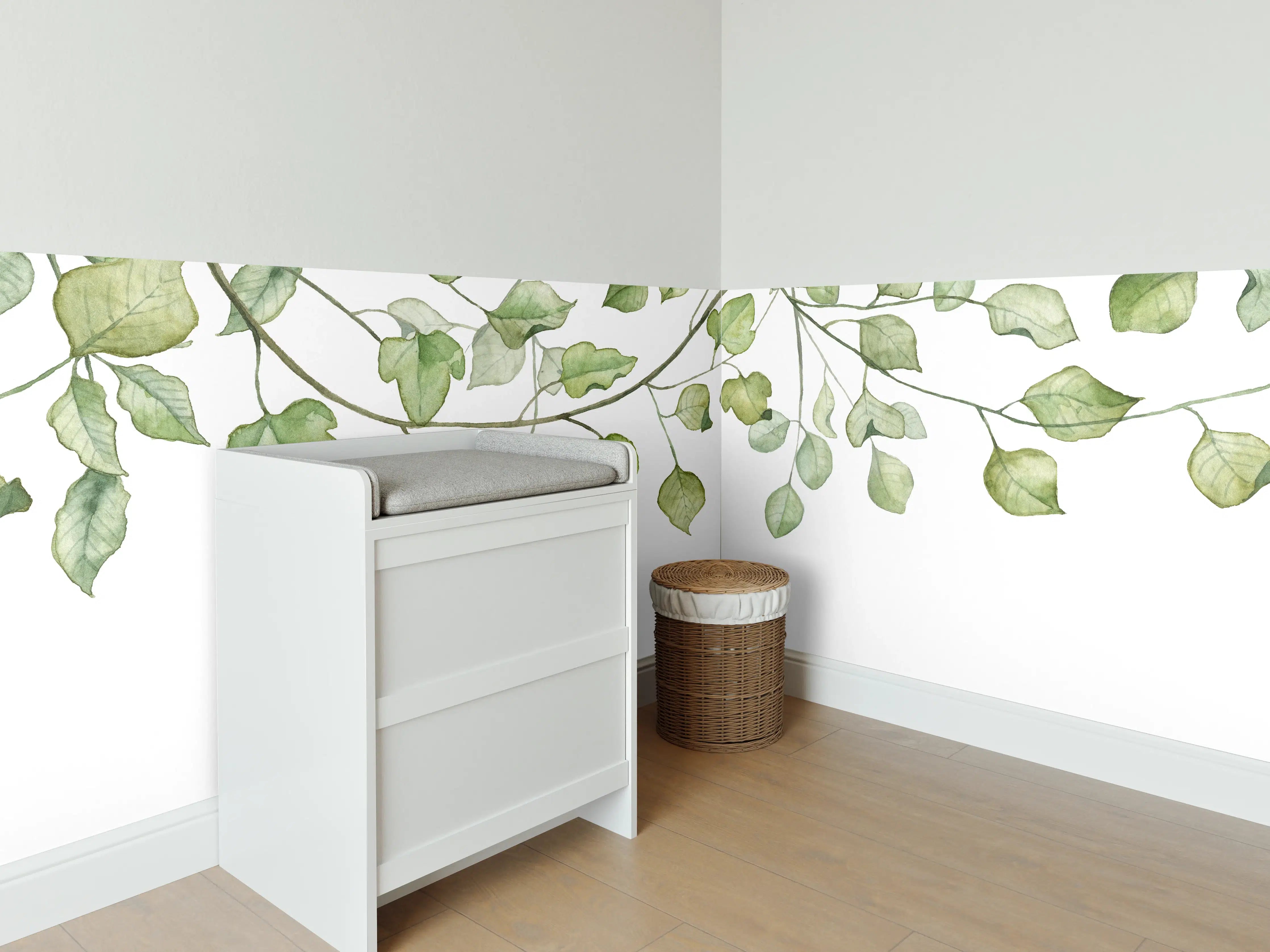 Babyzimmer Wandgestaltung - Hängende Blätter an Ästen Aquarell