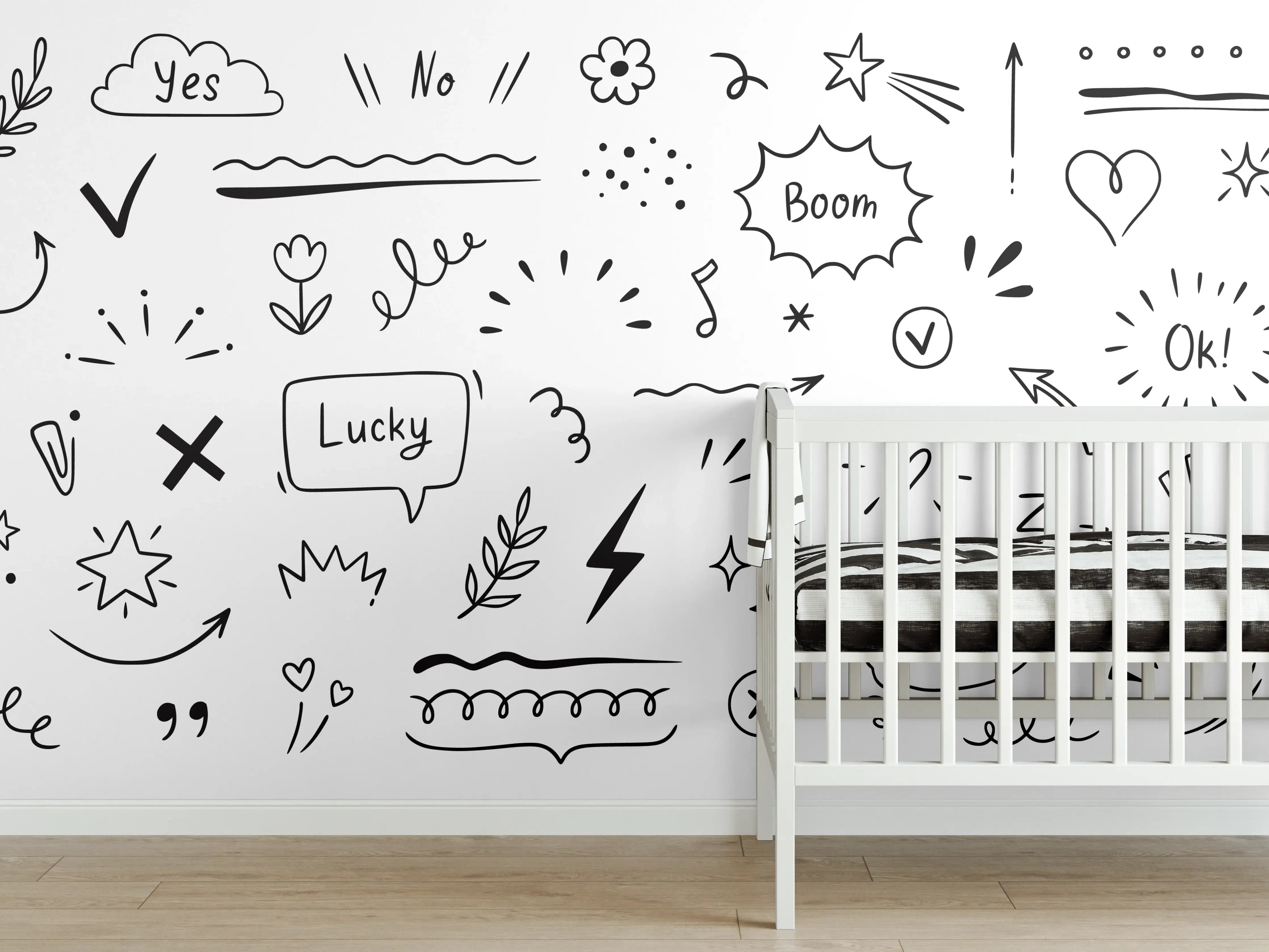Babyzimmer Wandgestaltung - Handgezeichnete Whiteboard-Doodles in Schwarz-Weiß