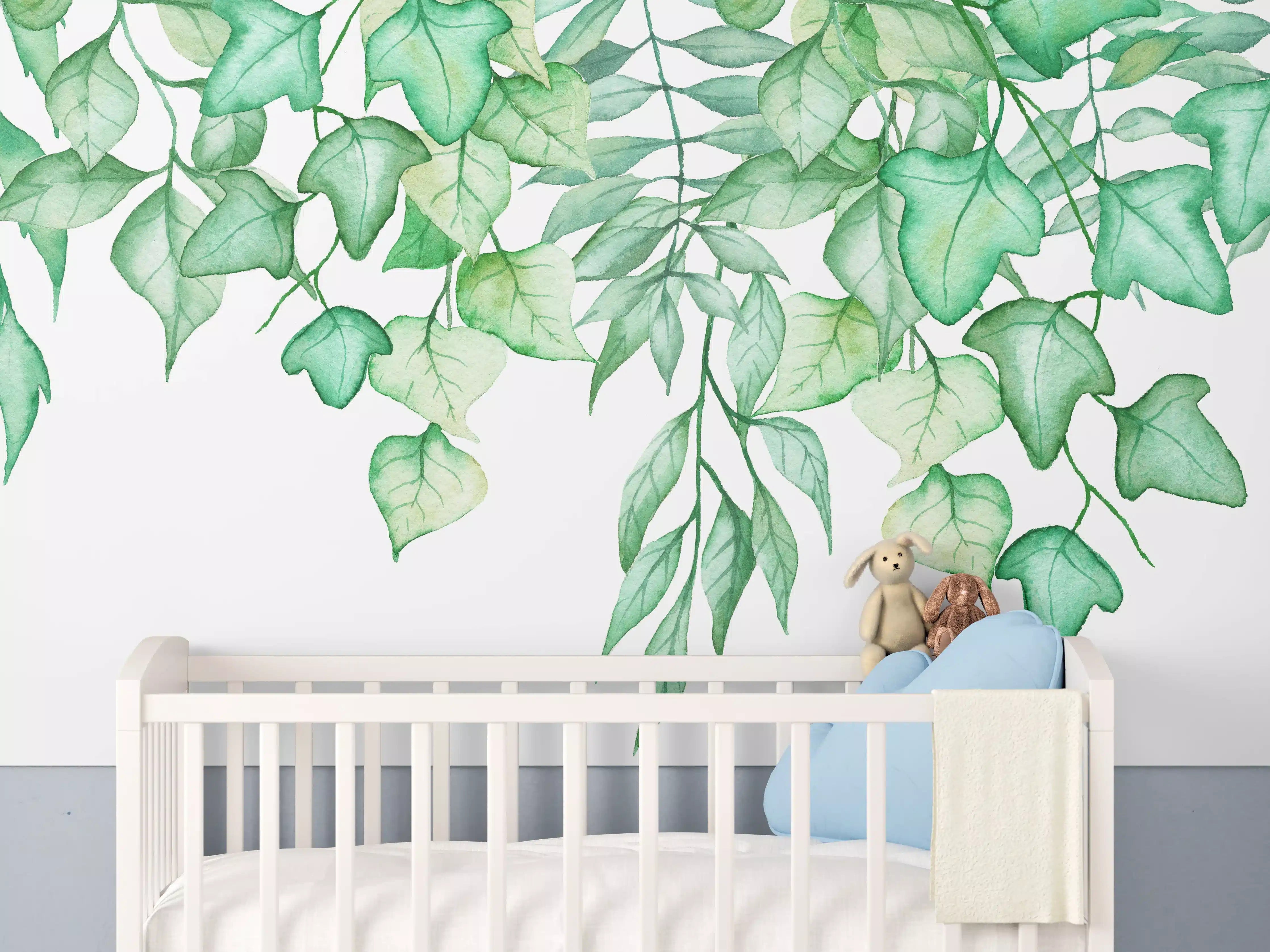 Babyzimmer Wandgestaltung - Handgezeichneten Aquarellblättern und Efeu