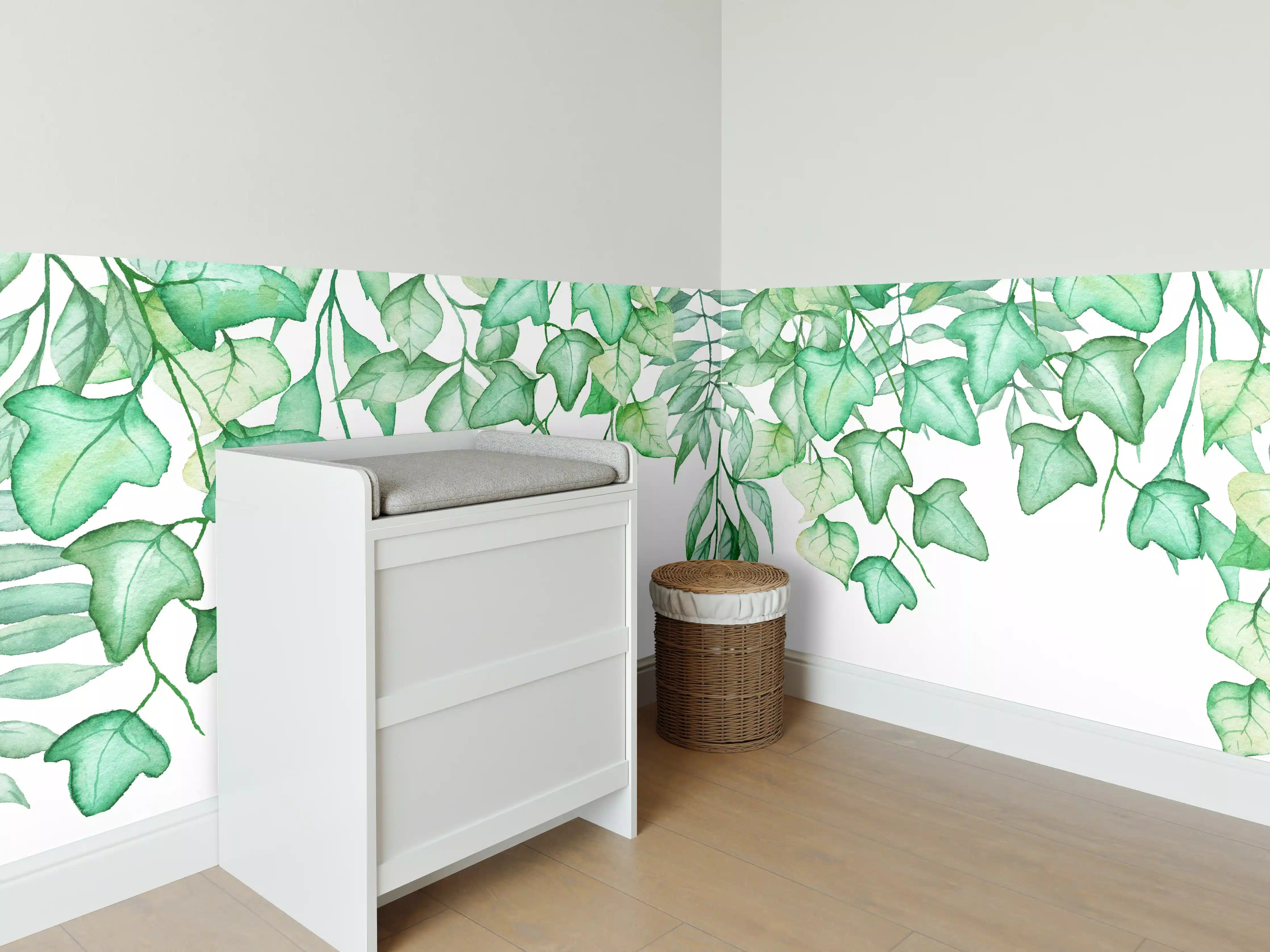 Babyzimmer Wandgestaltung - Handgezeichneten Aquarellblättern und Efeu
