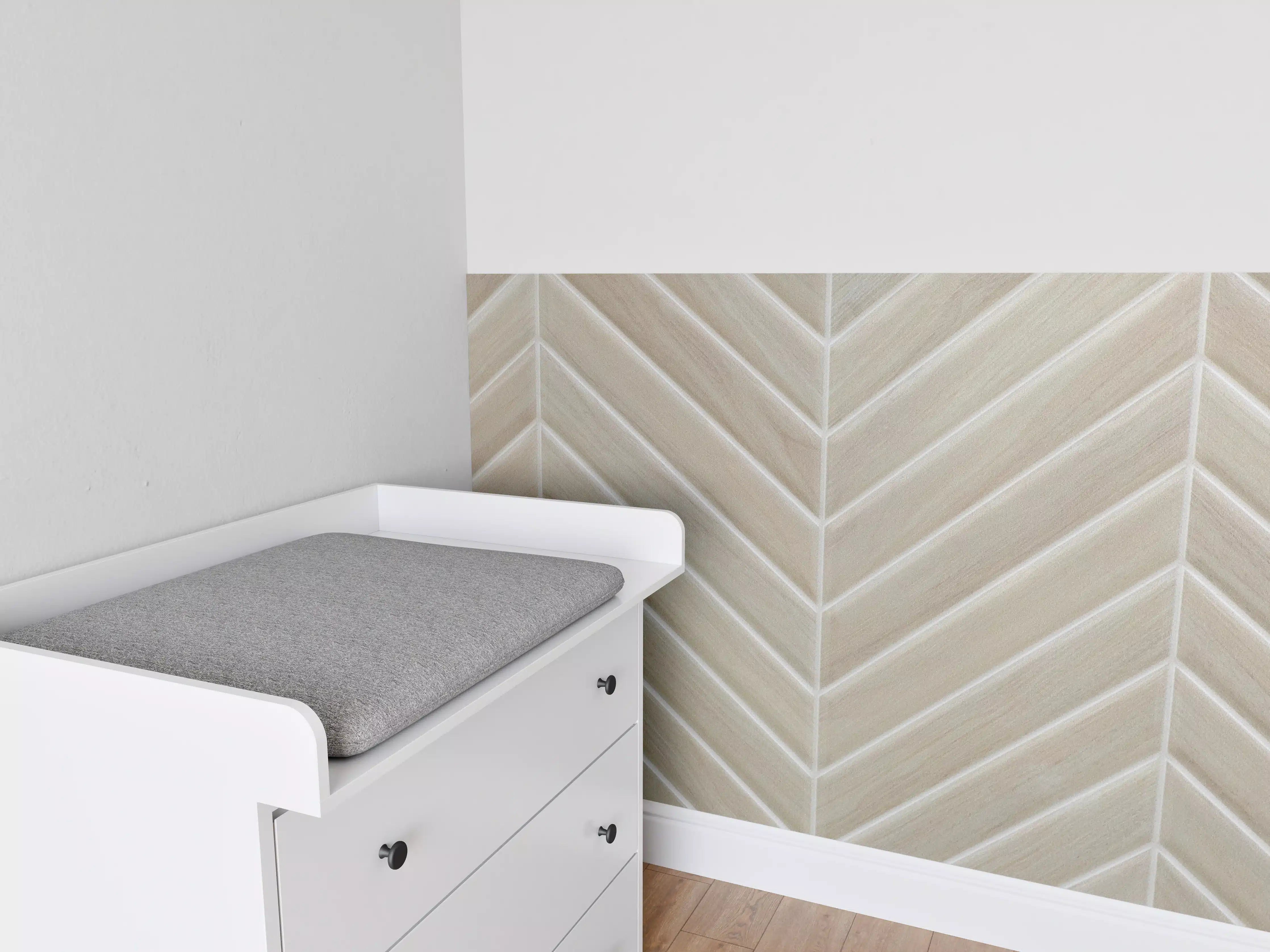Babyzimmer Wandgestaltung - Helle Beigefarbene Fliesen mit Chevron-Muster