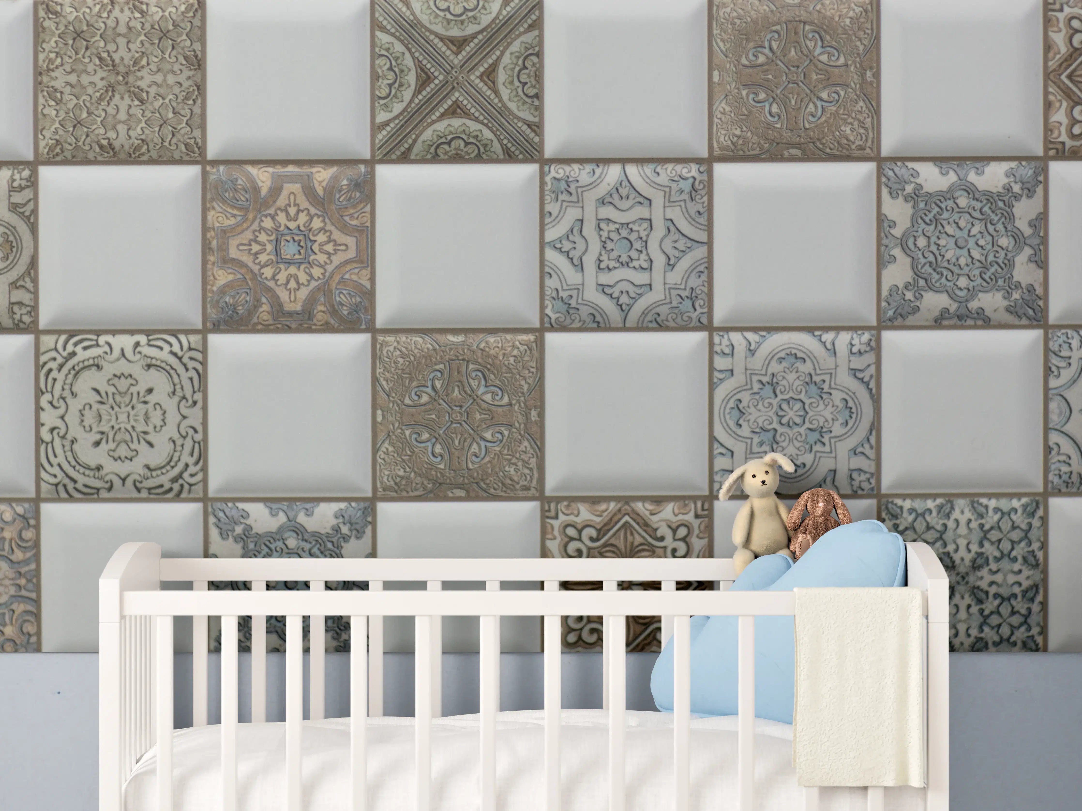 Babyzimmer Wandgestaltung - Helle Mosaikwand mit braunen und blauen Mustern