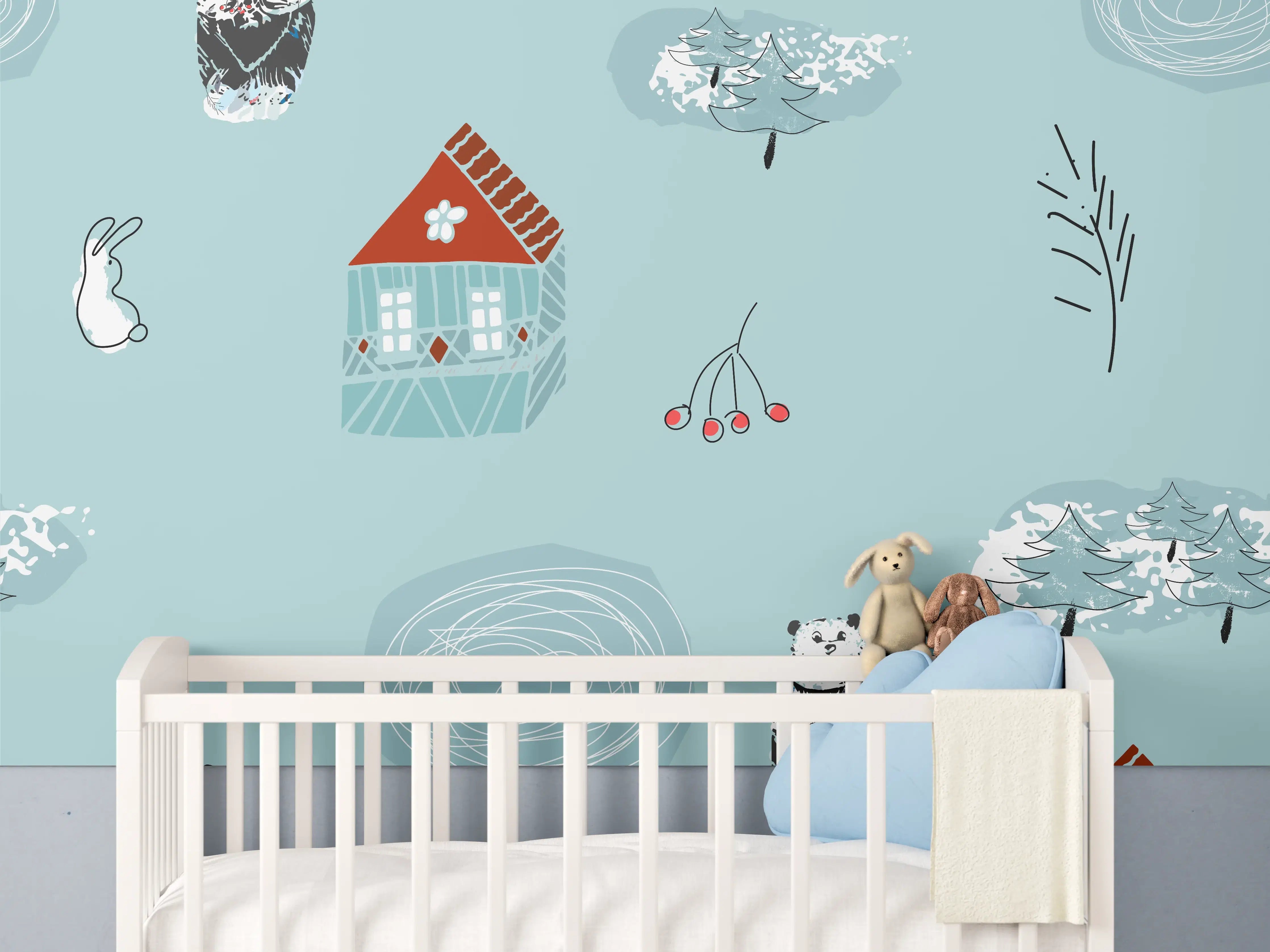 Babyzimmer Wandgestaltung - Helles Wintermuster mit Bär und Haus