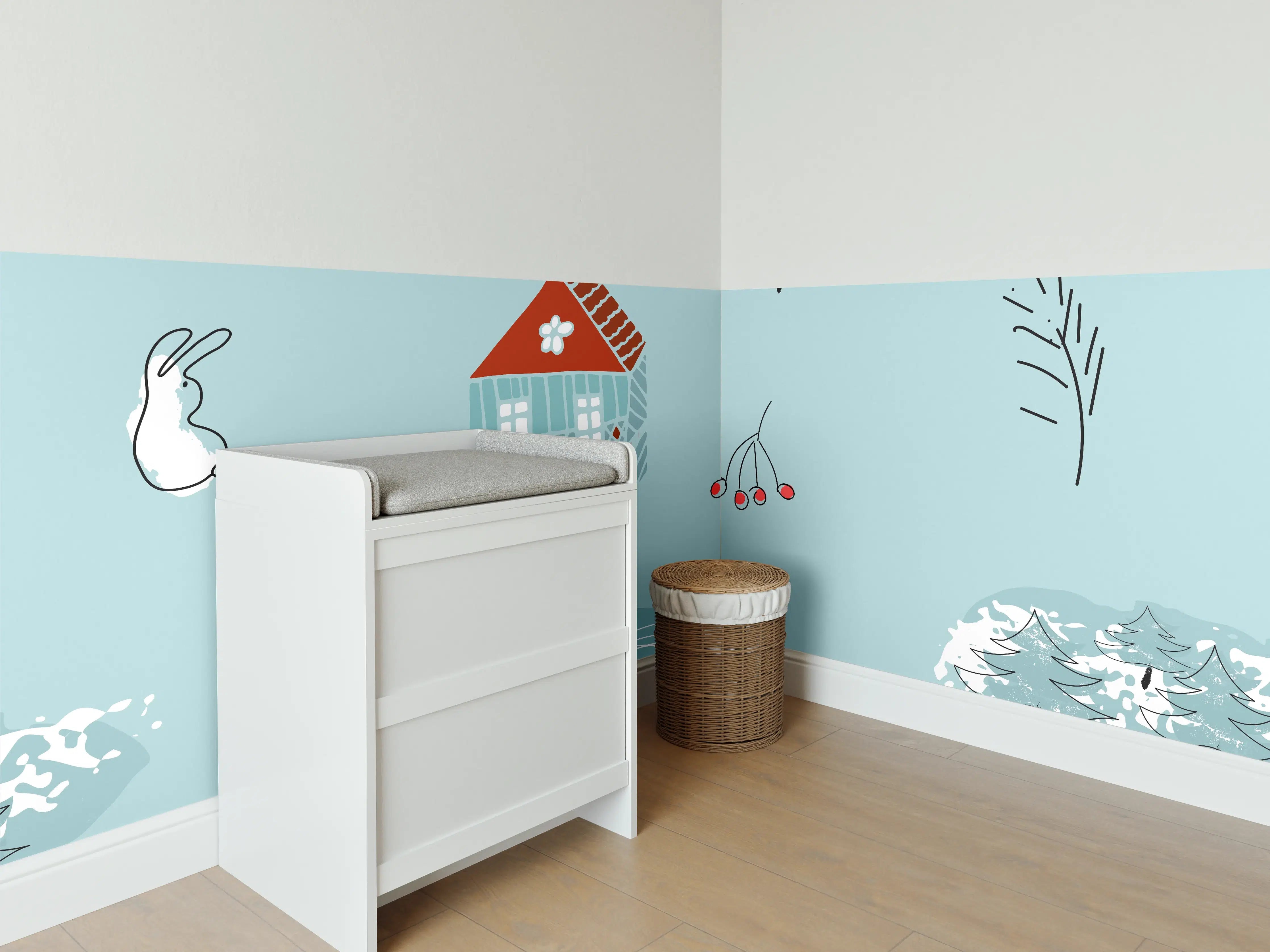 Babyzimmer Wandgestaltung - Helles Wintermuster mit Bär und Haus