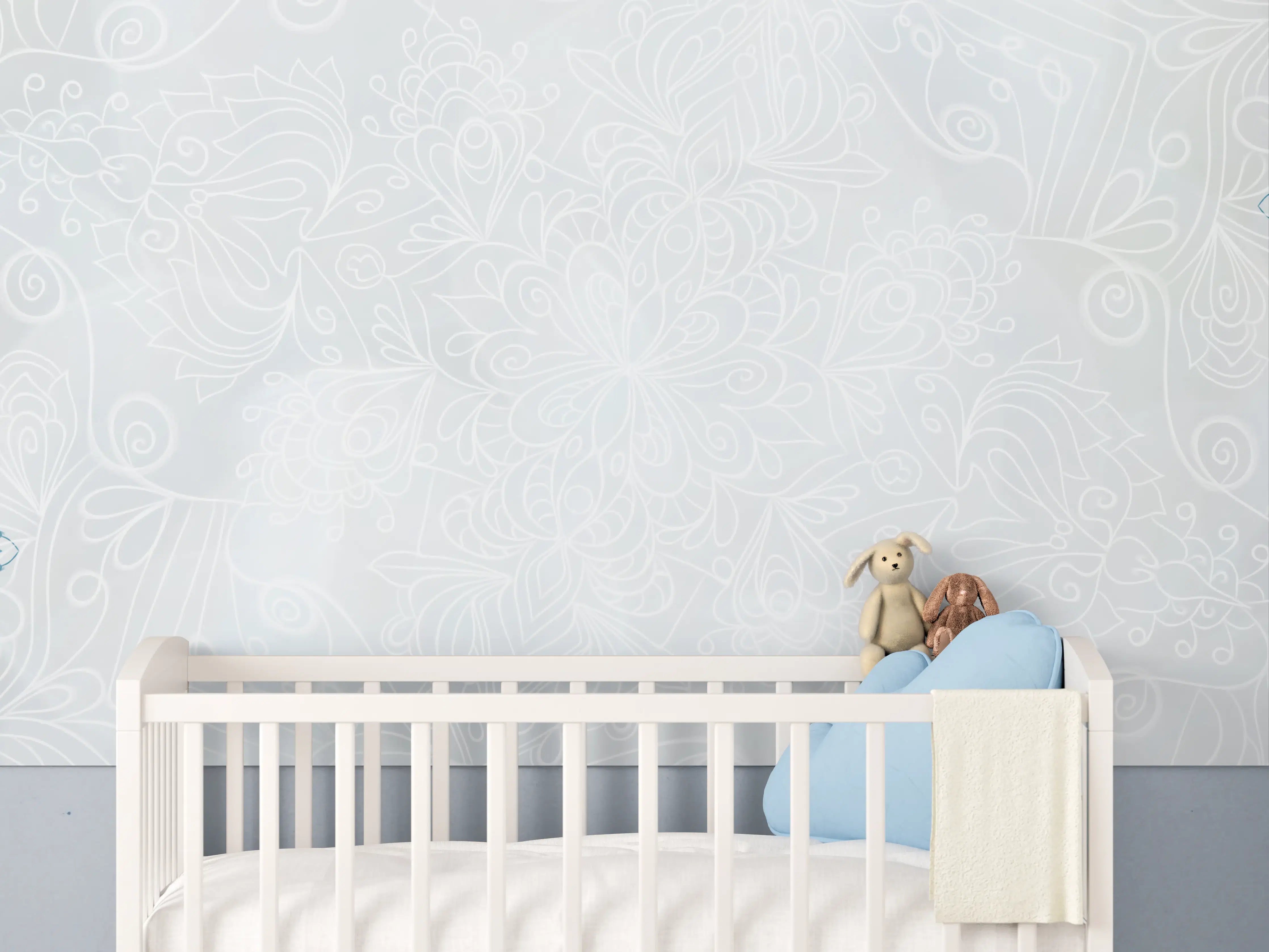 Babyzimmer Wandgestaltung - Helles, detailliertes Muster in Blau und Weiß