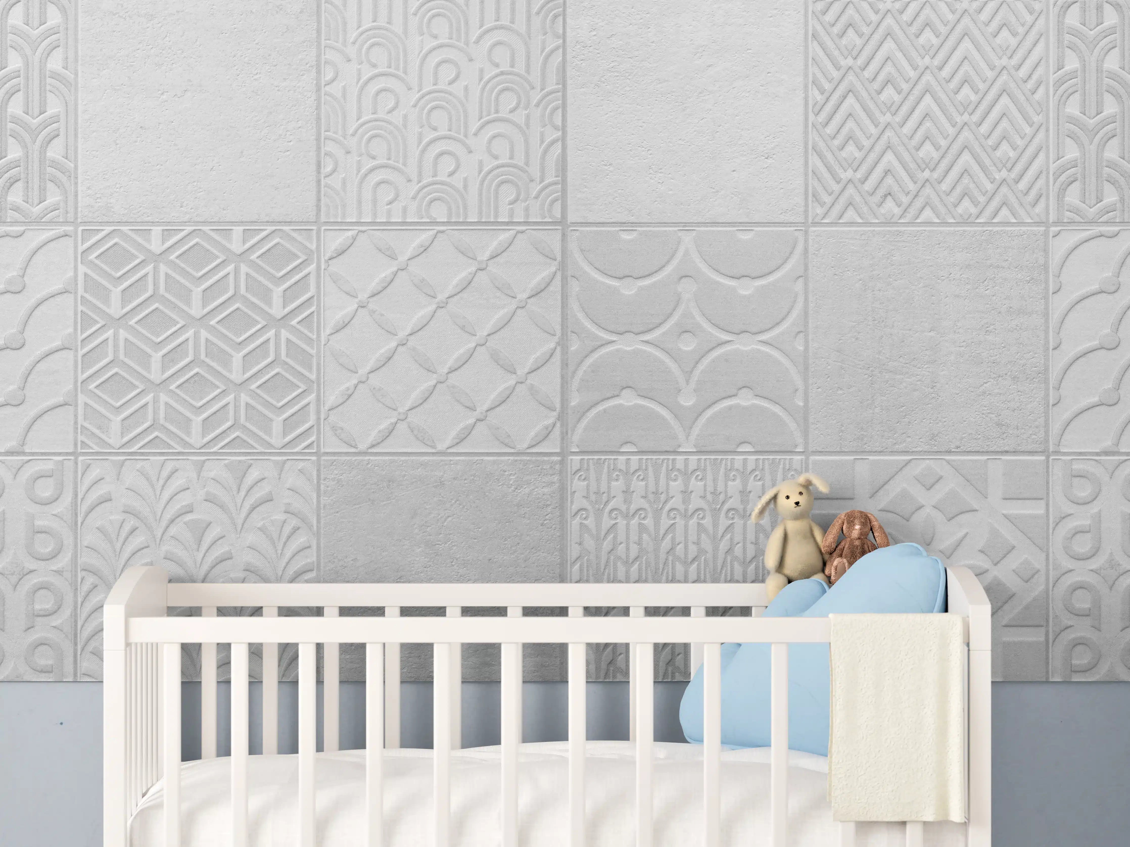 Babyzimmer Wandgestaltung - Hellgraue quadratische Mosaik