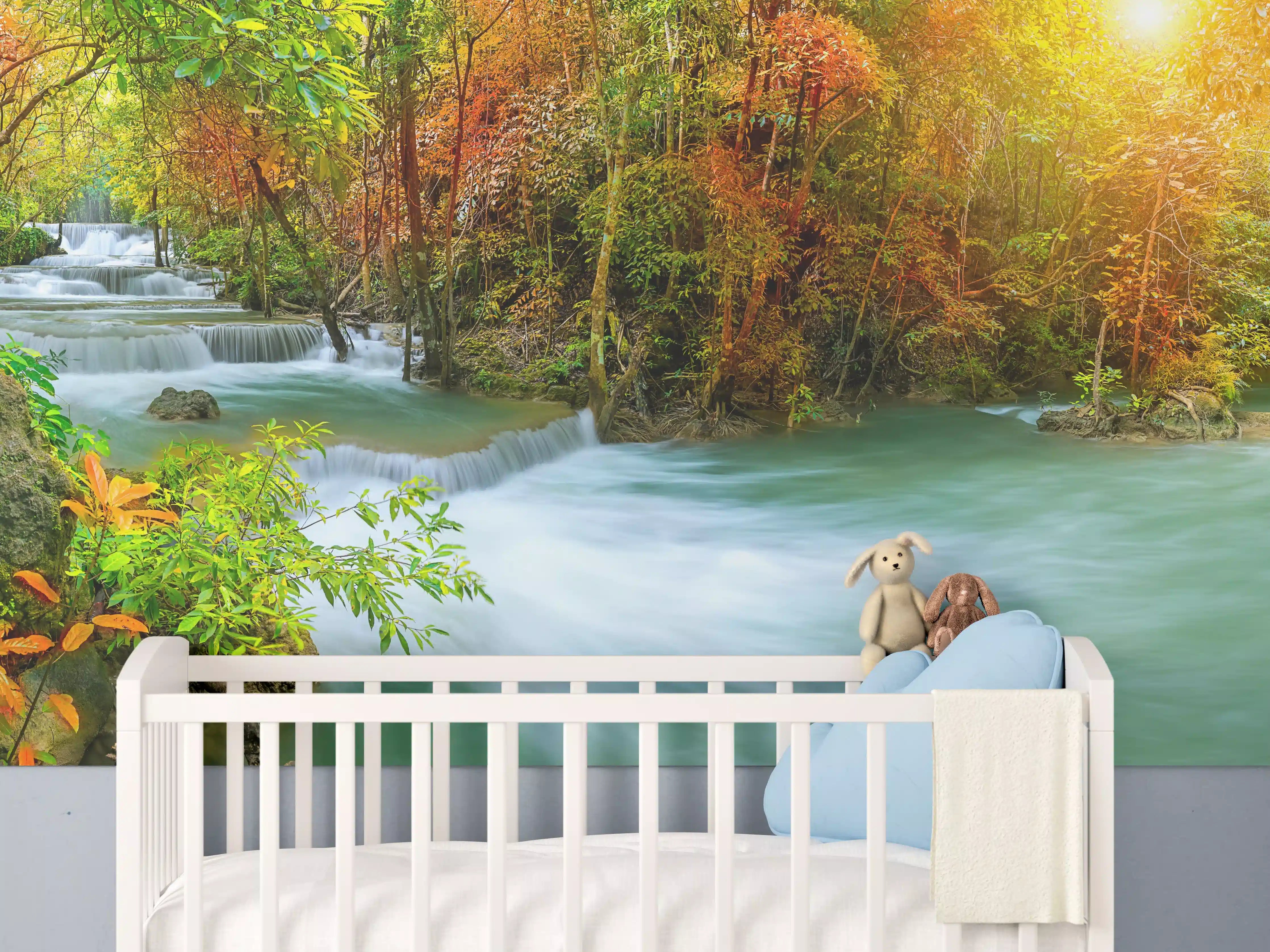 Babyzimmer Wandgestaltung - Herbstlicher Türkis-Wasserfall