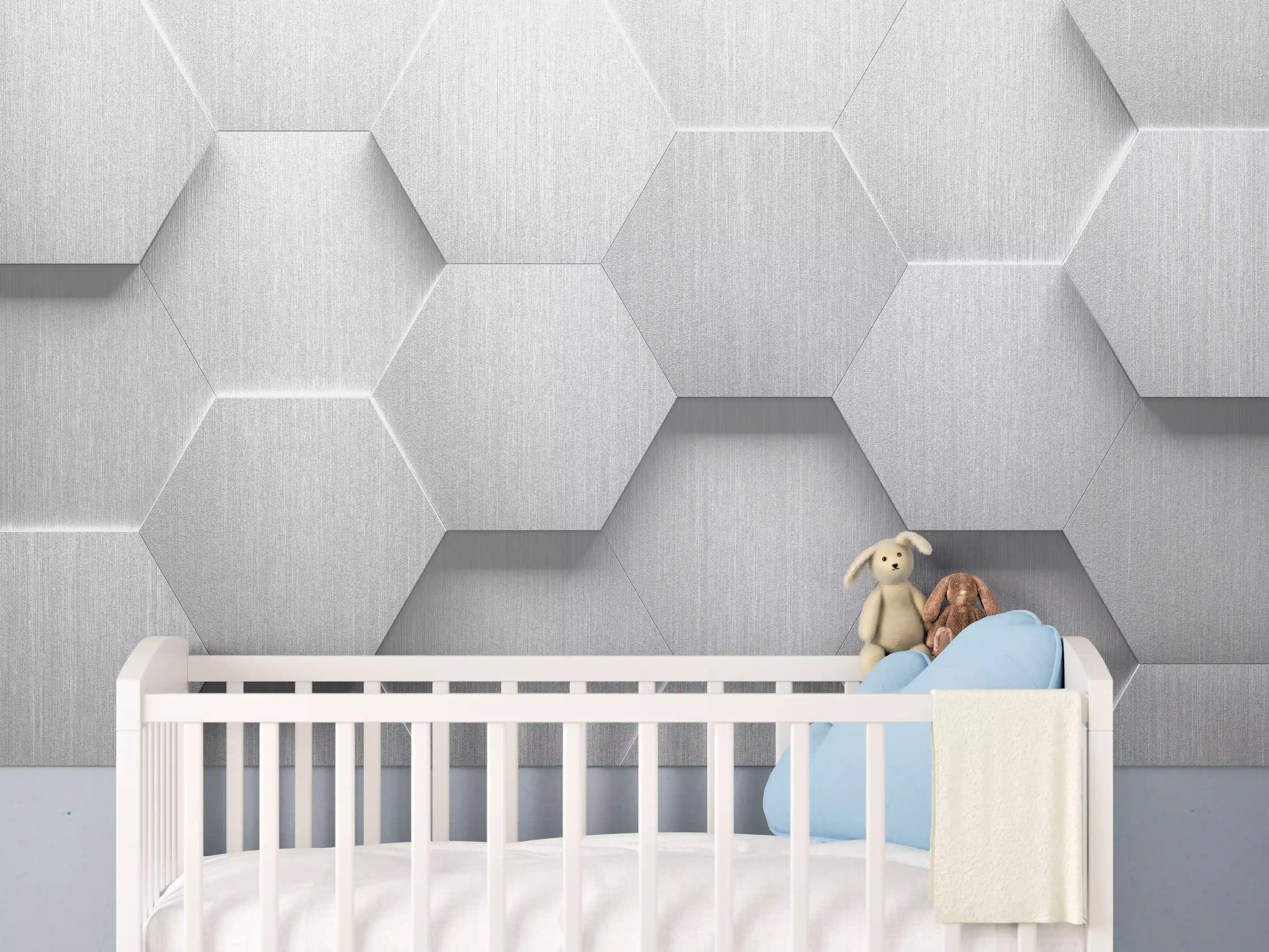 Babyzimmer Wandgestaltung - Hexagon Metallstruktur Grau-Weiß