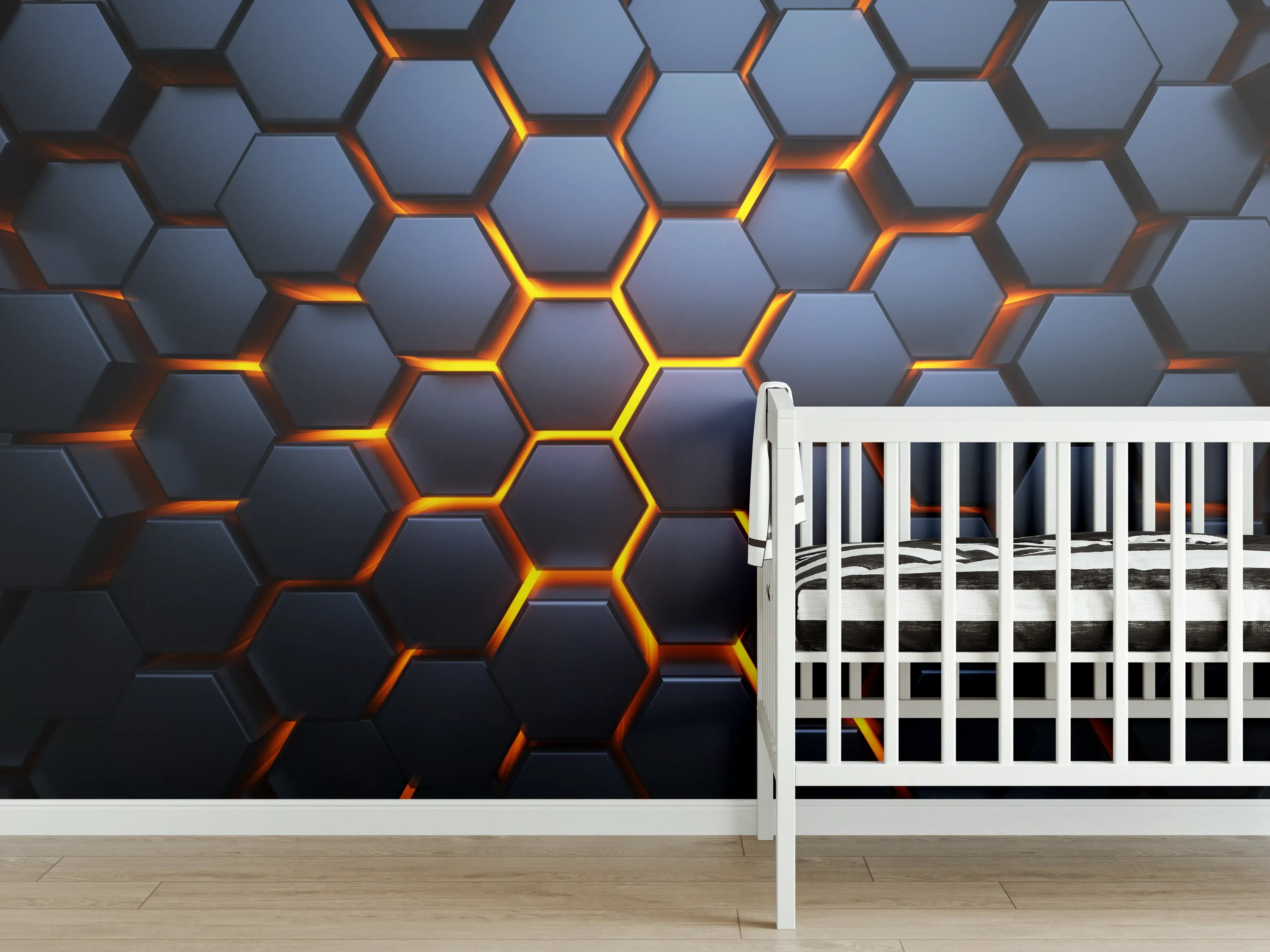 Babyzimmer Wandgestaltung - Hexagon-Muster in Blau-Orange