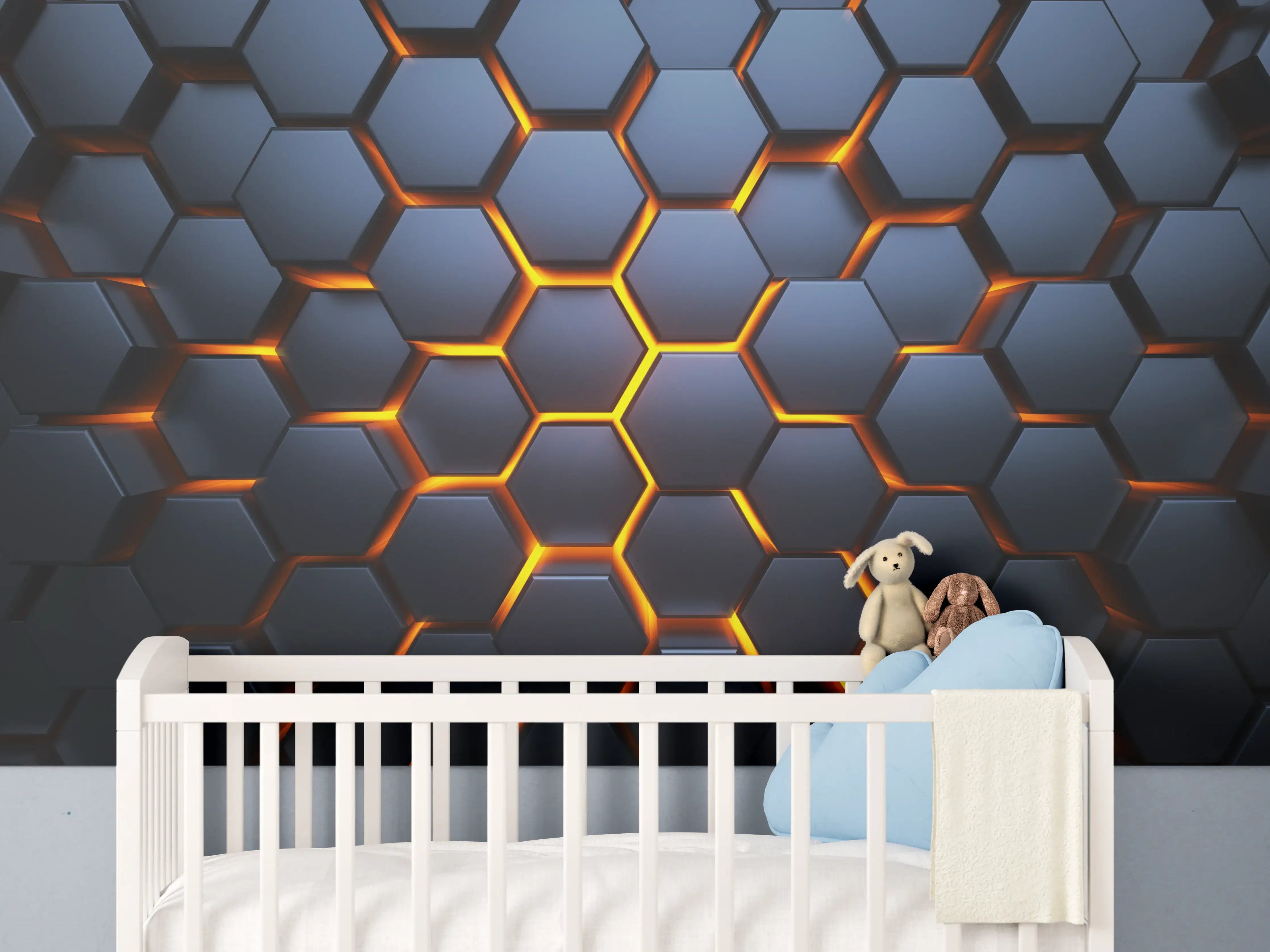 Babyzimmer Wandgestaltung - Hexagon-Muster in Blau-Orange