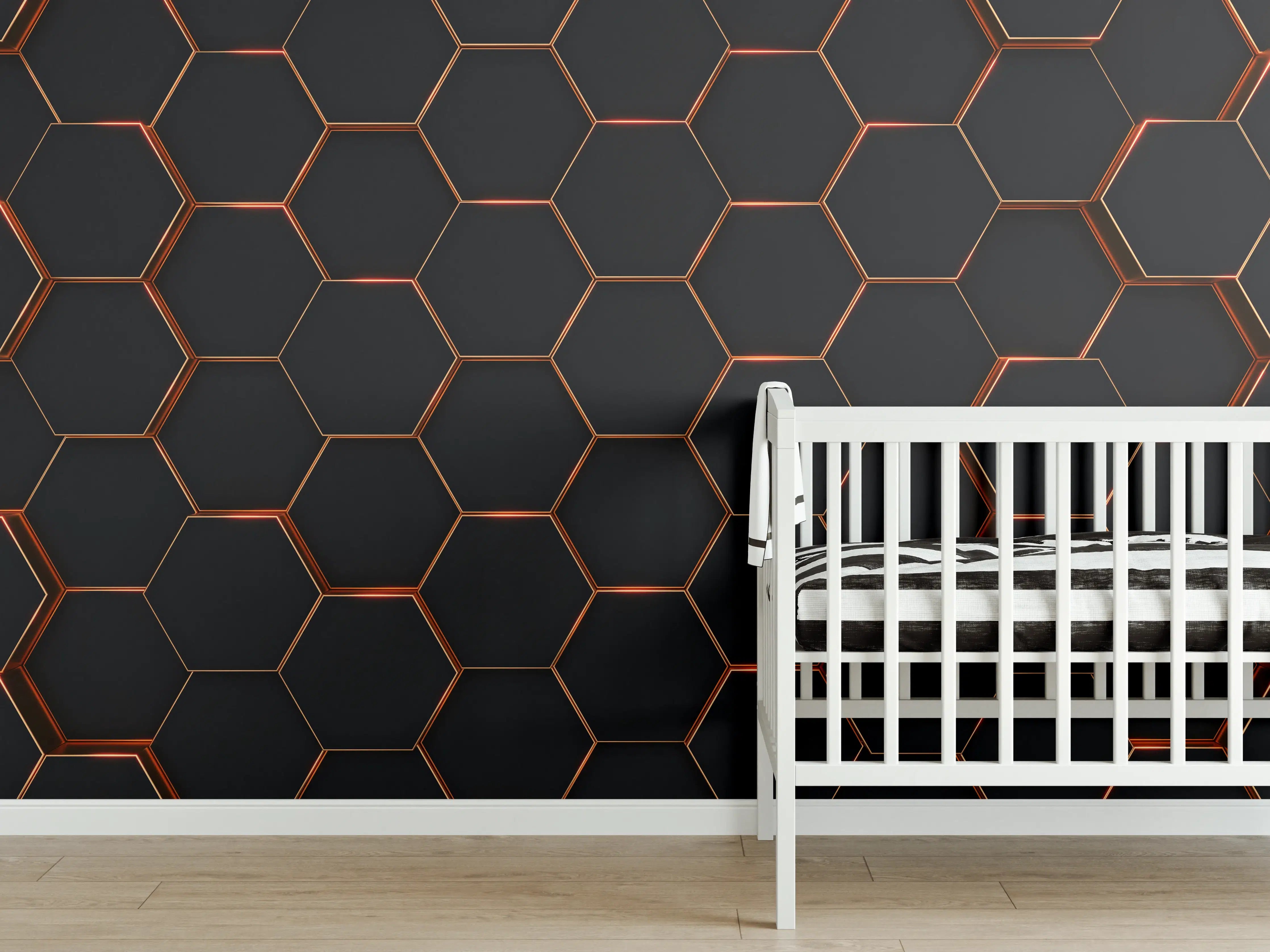 Babyzimmer Wandgestaltung - Hexagon Schwarz-Gold Muster