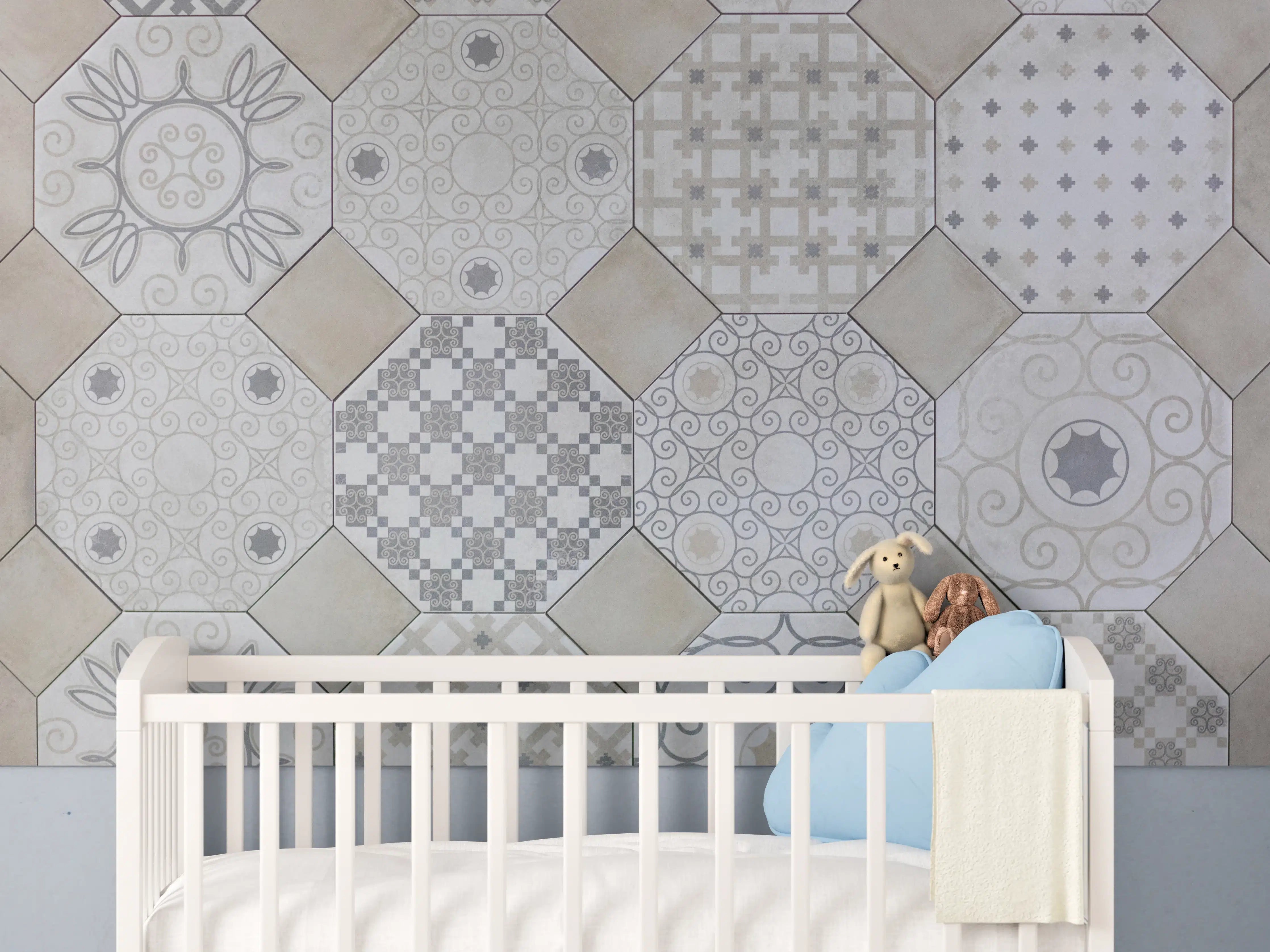 Babyzimmer Wandgestaltung - Hexagonale Weiß-Grau Fliesenmuster