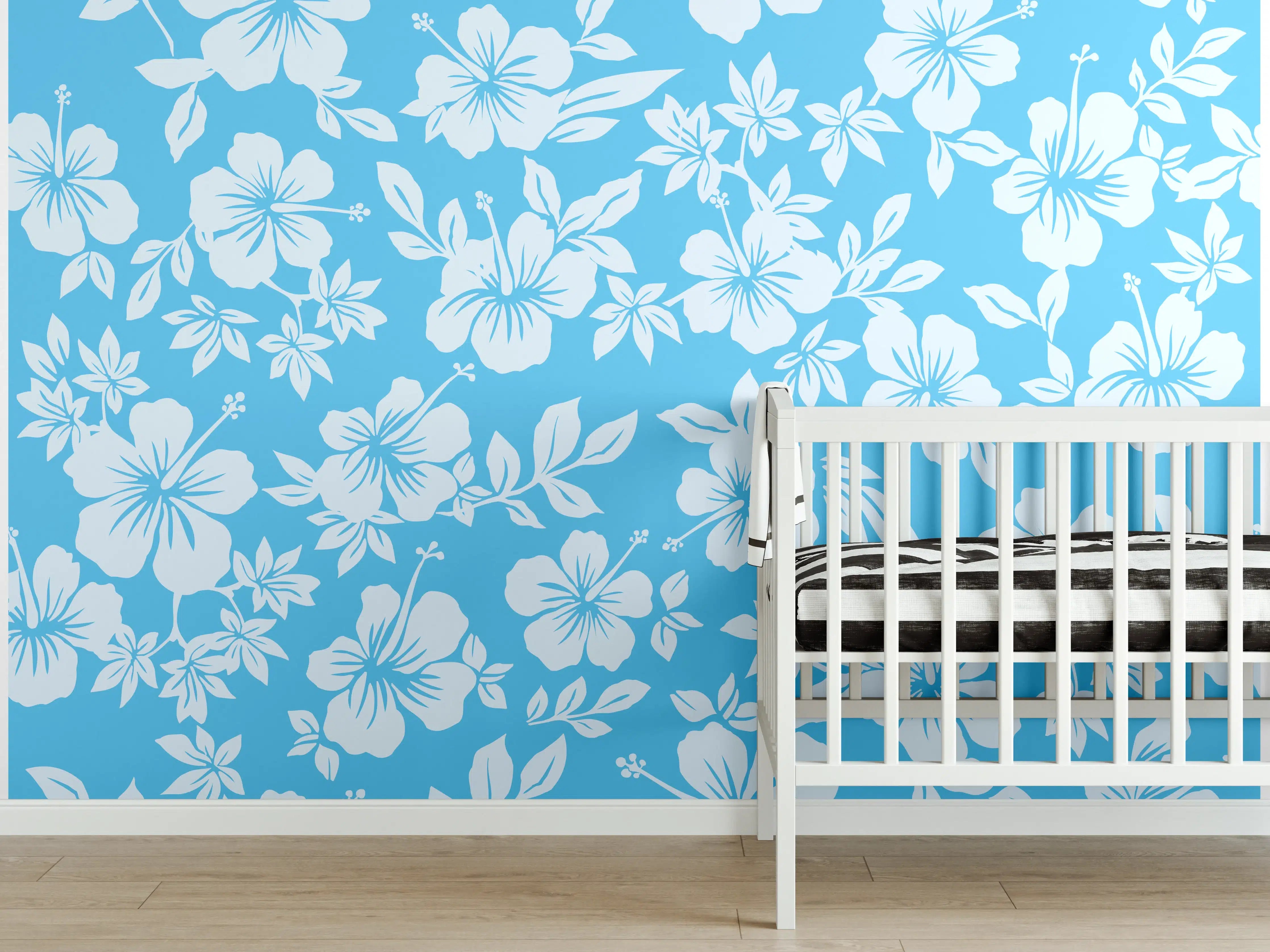 Babyzimmer Wandgestaltung - Hibiskus-Muster Hellblau