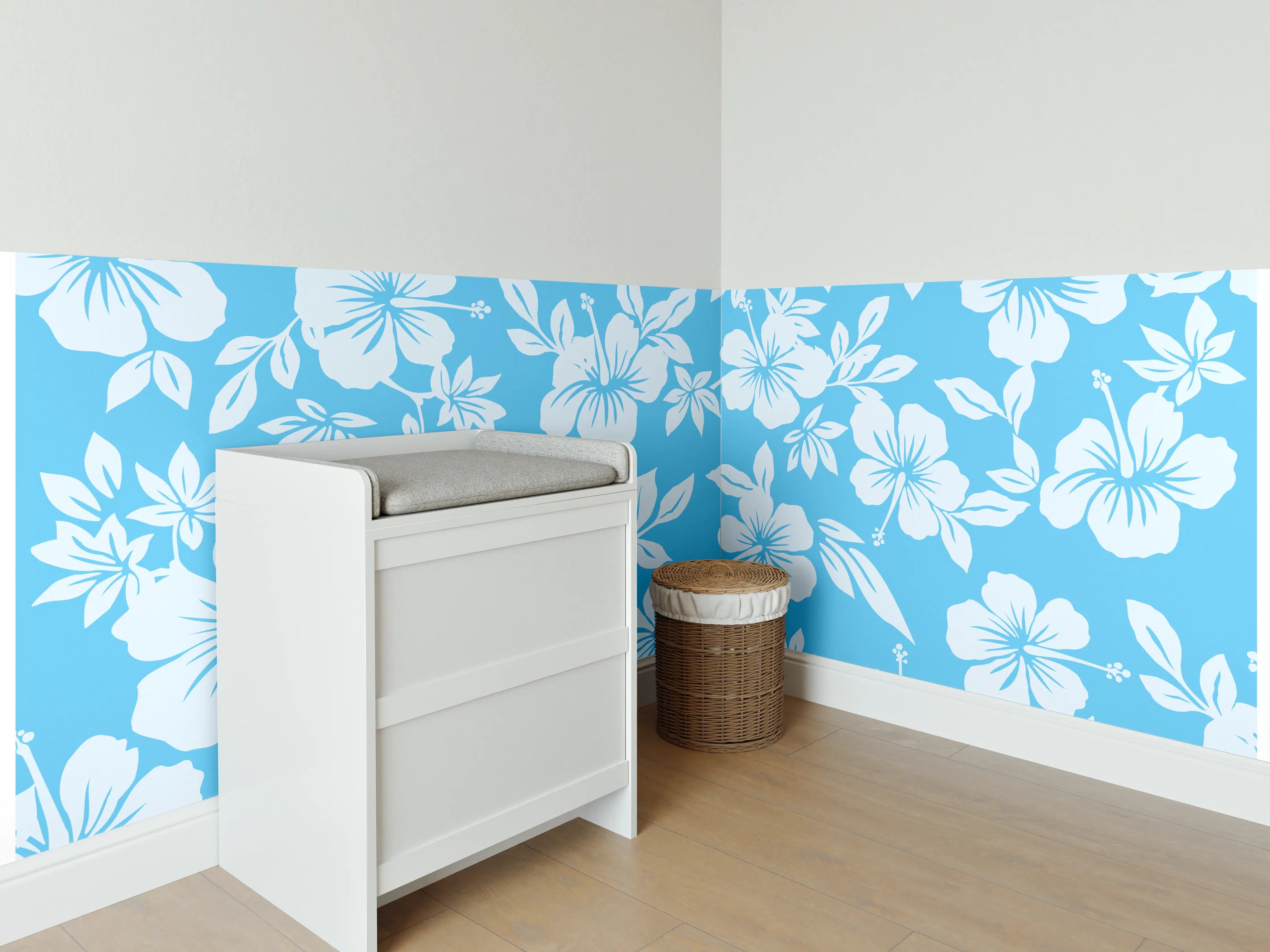 Babyzimmer Wandgestaltung - Hibiskus-Muster Hellblau