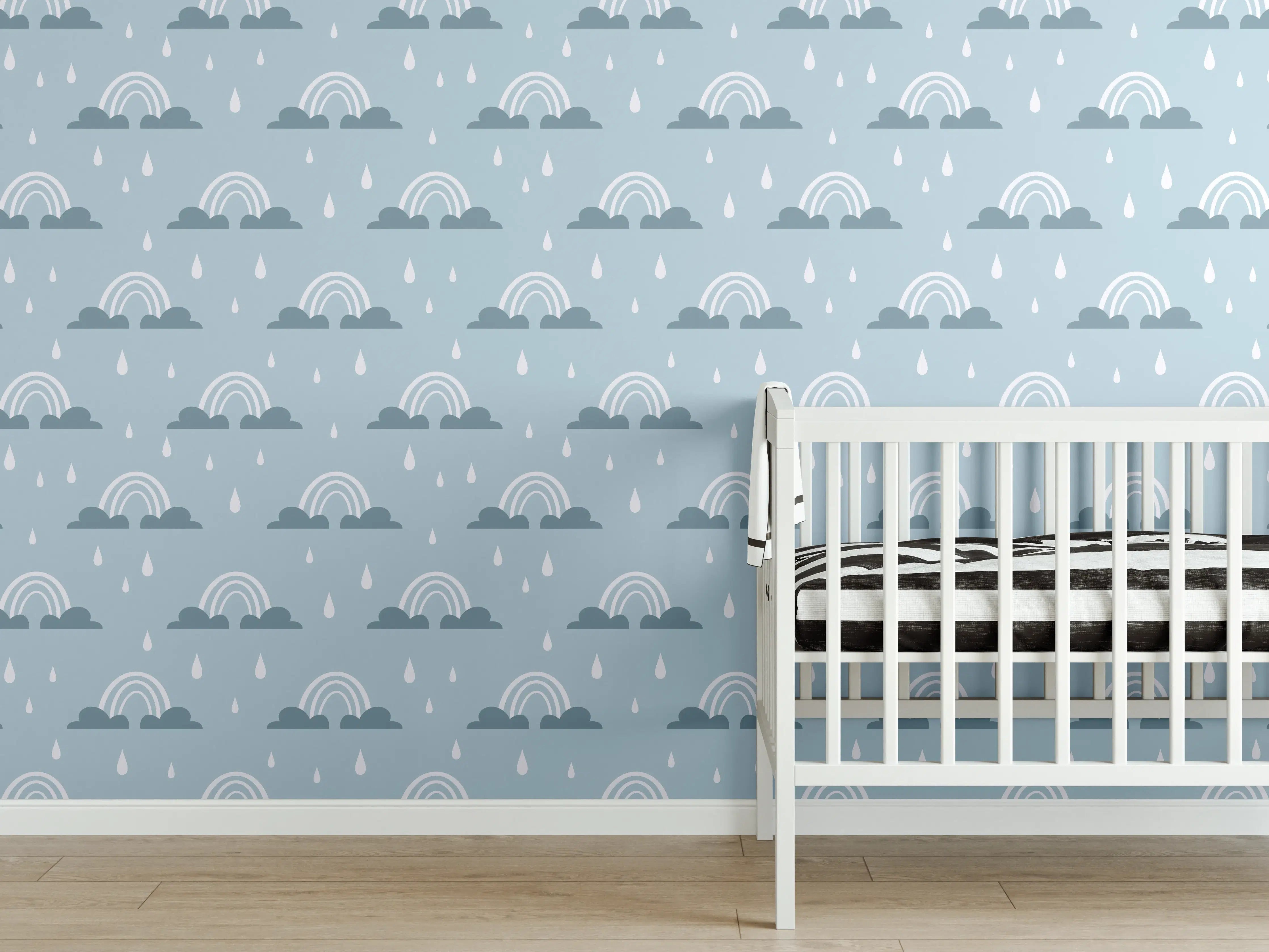 Babyzimmer Wandgestaltung - Himmel mit Regenschirmen und Wolken in Blau