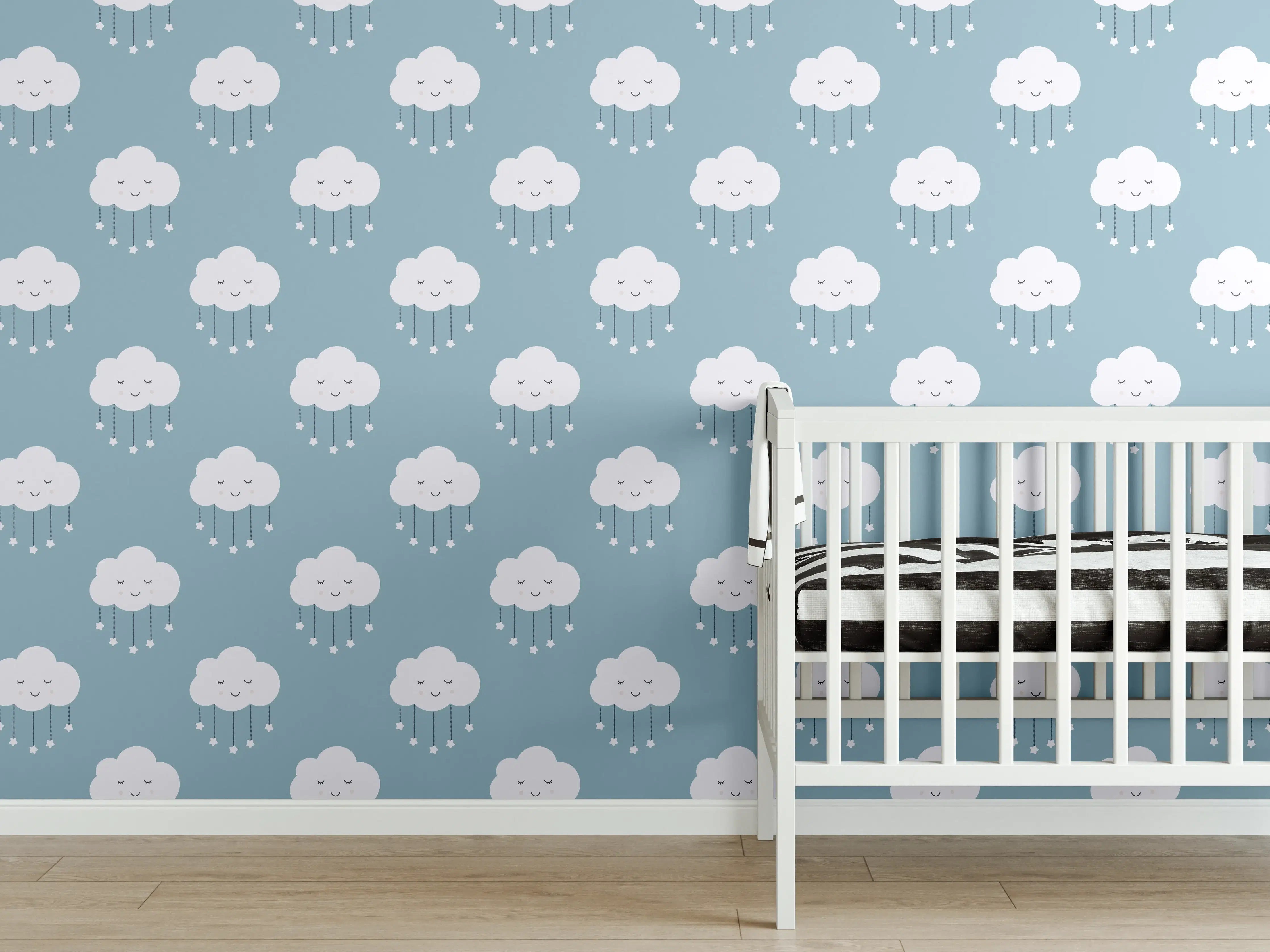 Babyzimmer Wandgestaltung - Himmel mit Wolken in sanften Blau- und Grautönen