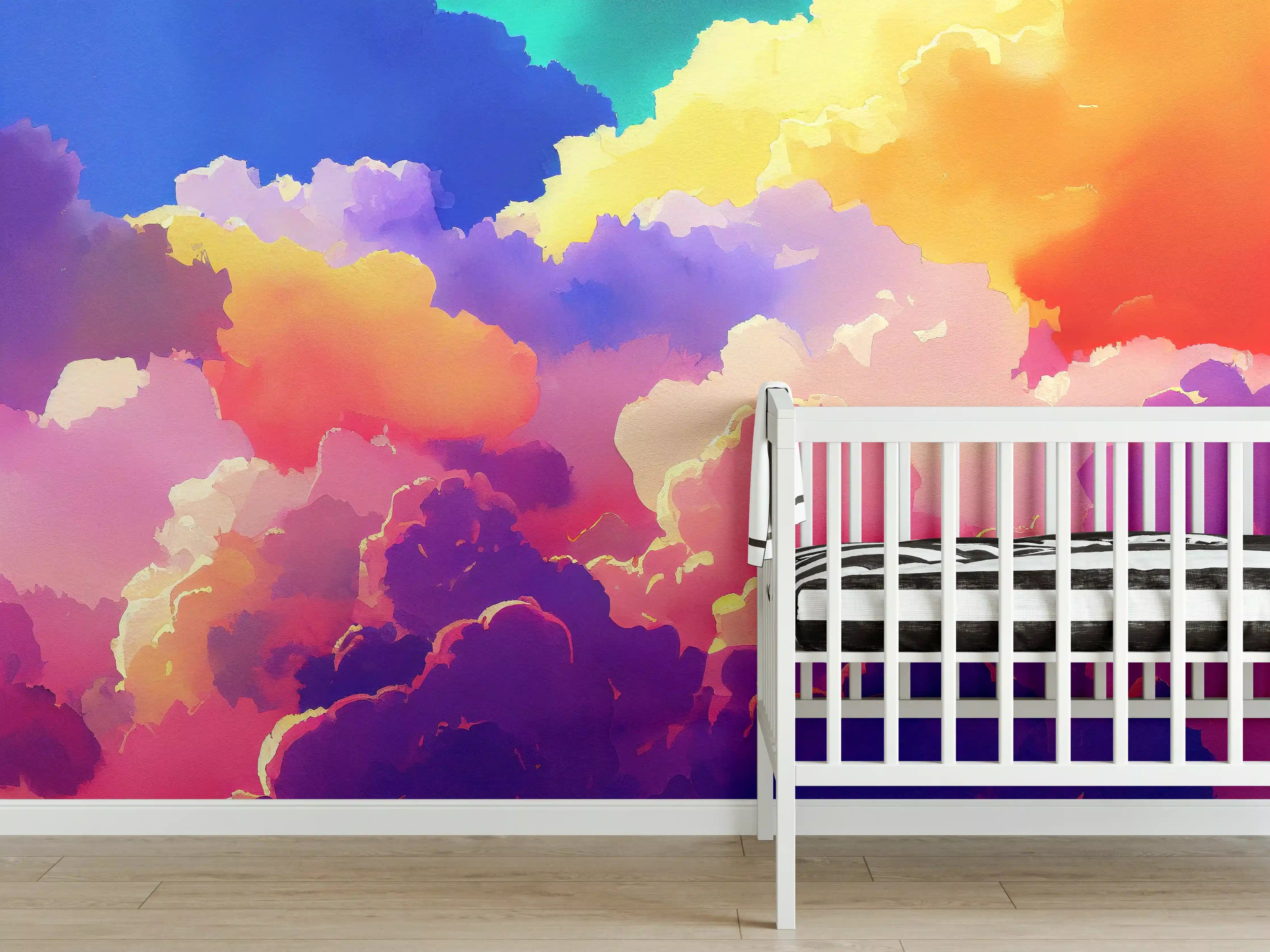 Babyzimmer Wandgestaltung - Himmel mit Wolken. Aquarell Illustration von farbigen Wolken.