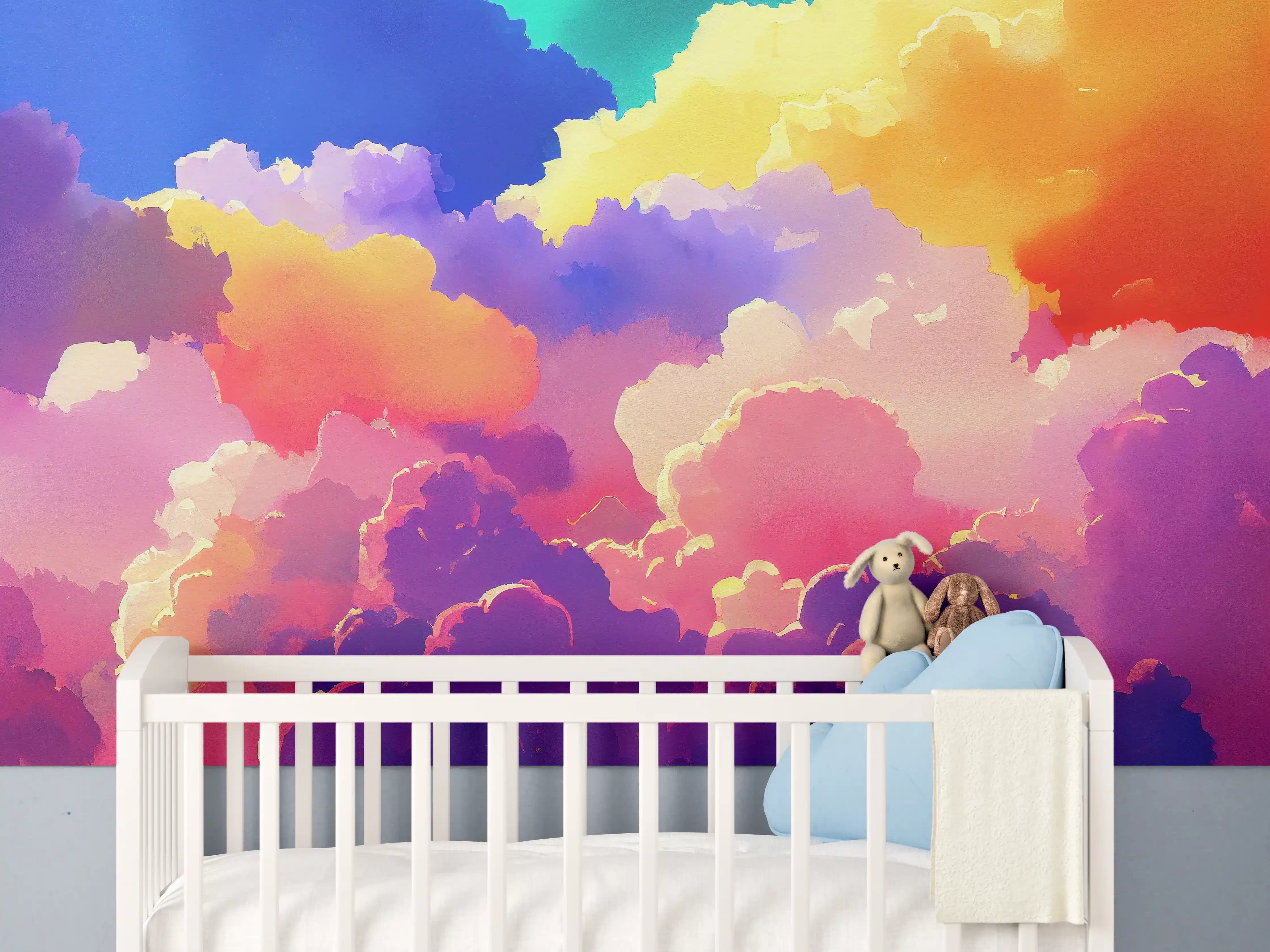 Babyzimmer Wandgestaltung - Himmel mit Wolken. Aquarell Illustration von farbigen Wolken.