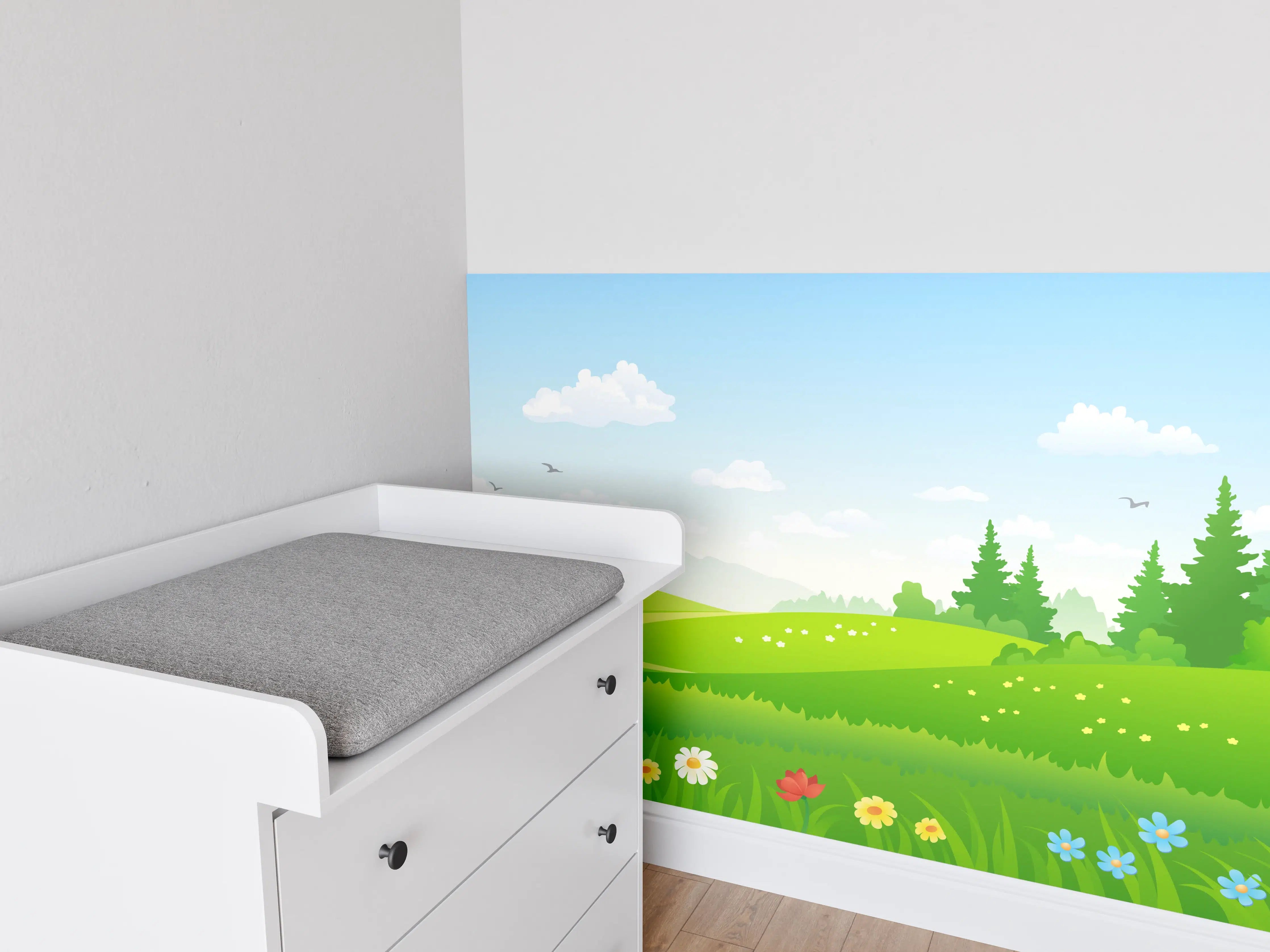 Babyzimmer Wandgestaltung - Himmel und grüne Wiesen mit Blumen