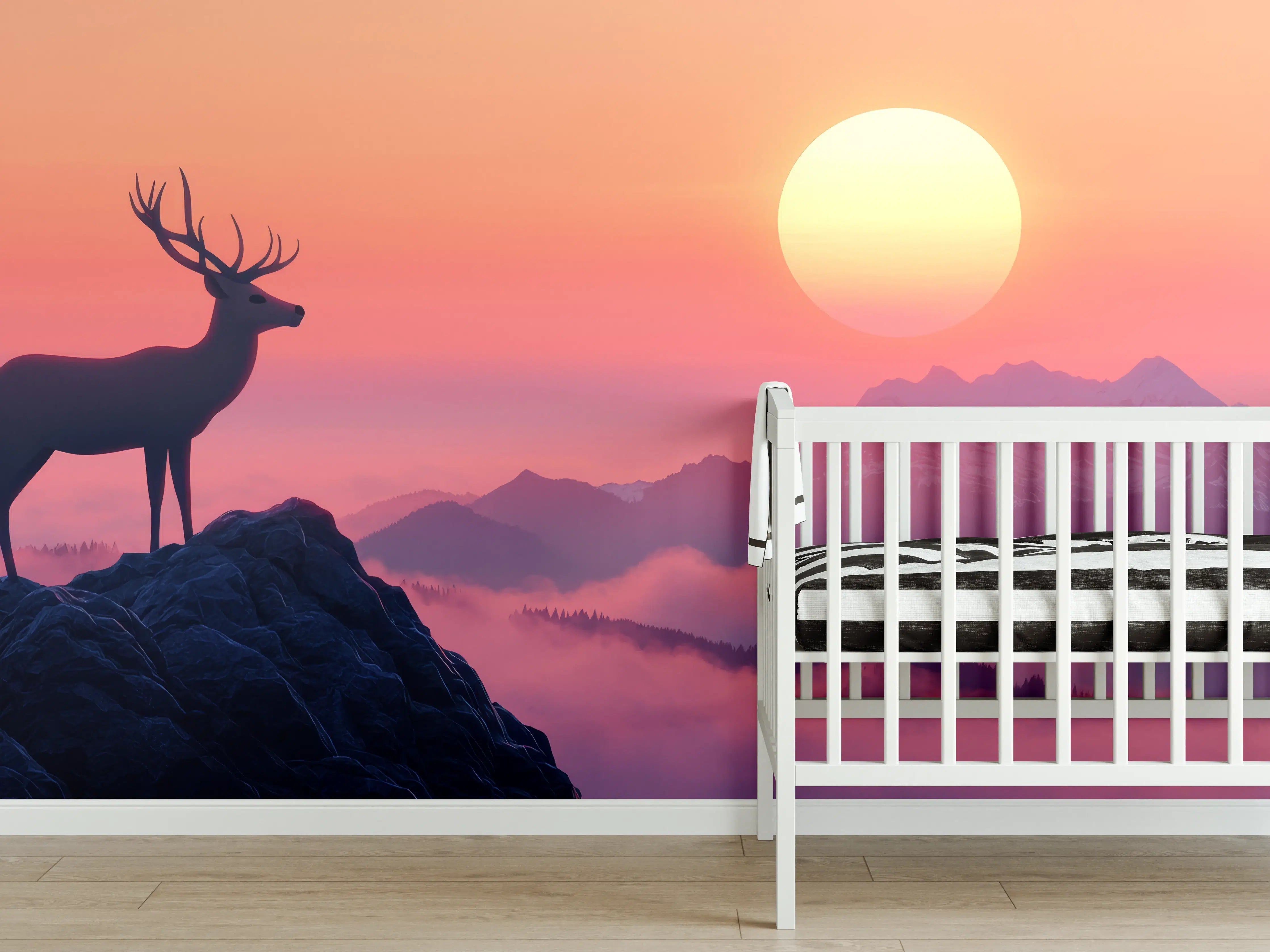 Babyzimmer Wandgestaltung - Hirsch-Silhouette Sonnenaufgang Orange-Pink