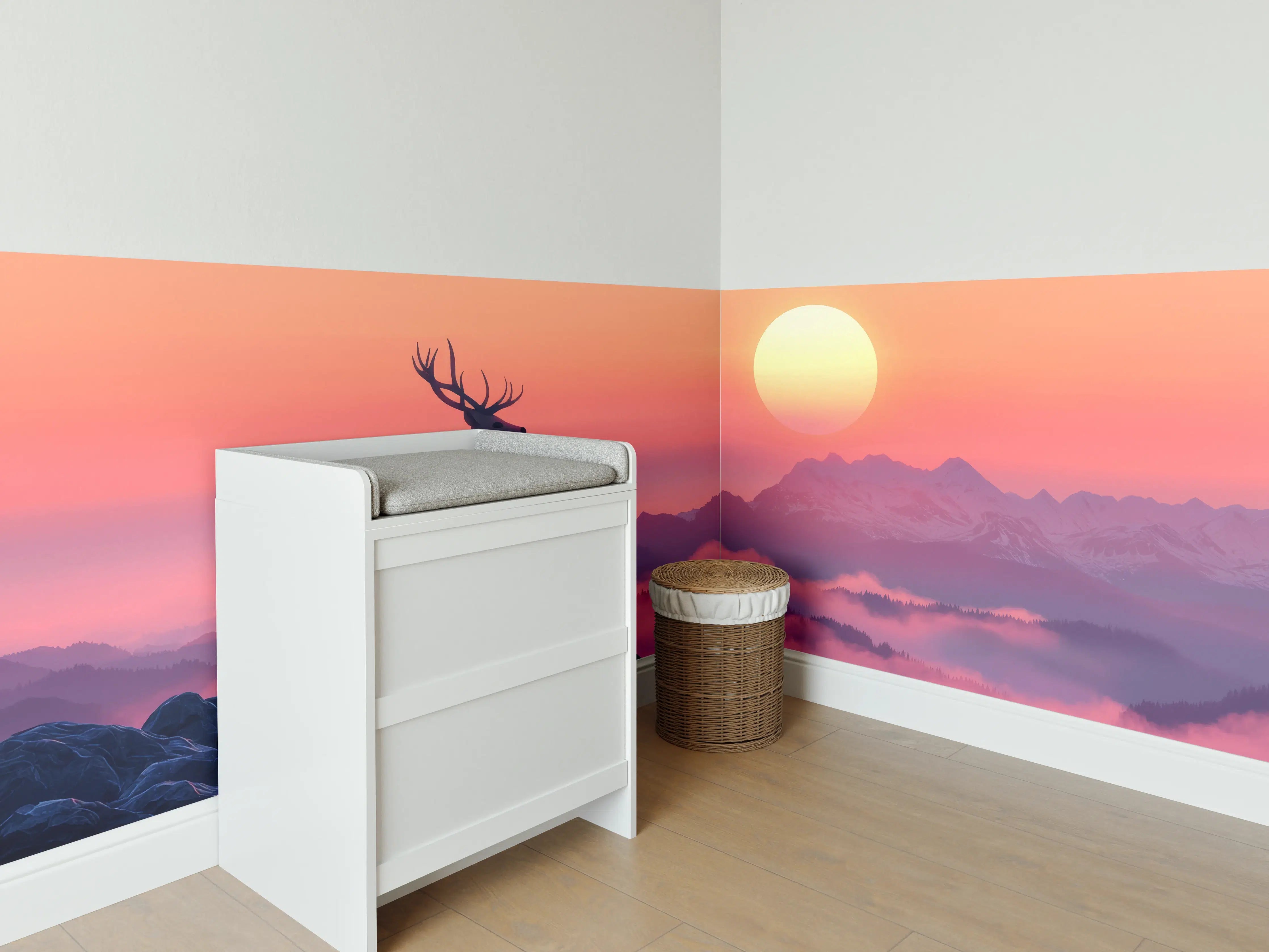Babyzimmer Wandgestaltung - Hirsch-Silhouette Sonnenaufgang Orange-Pink