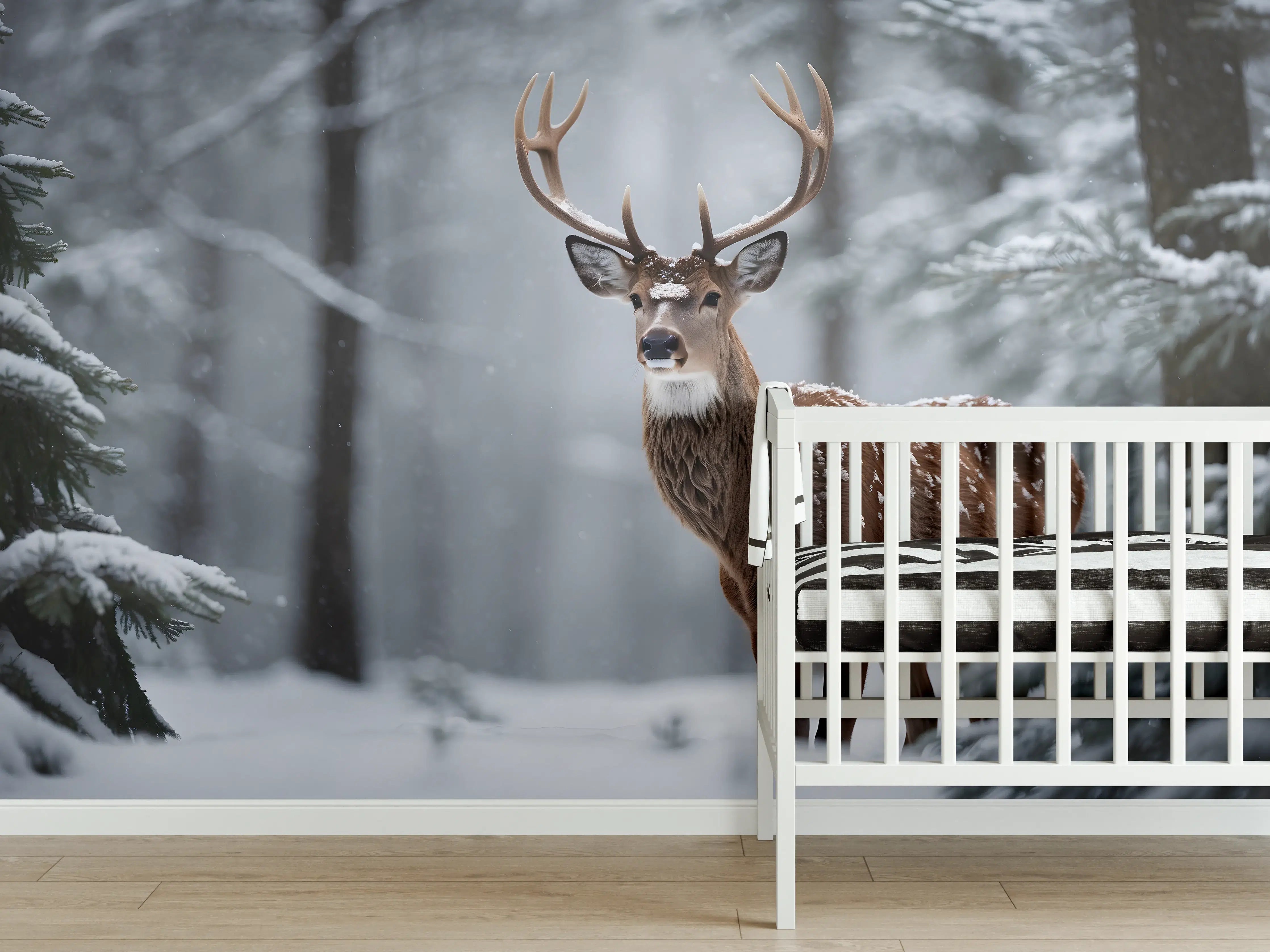 Babyzimmer Wandgestaltung - Hirsch im verschneiten Wald