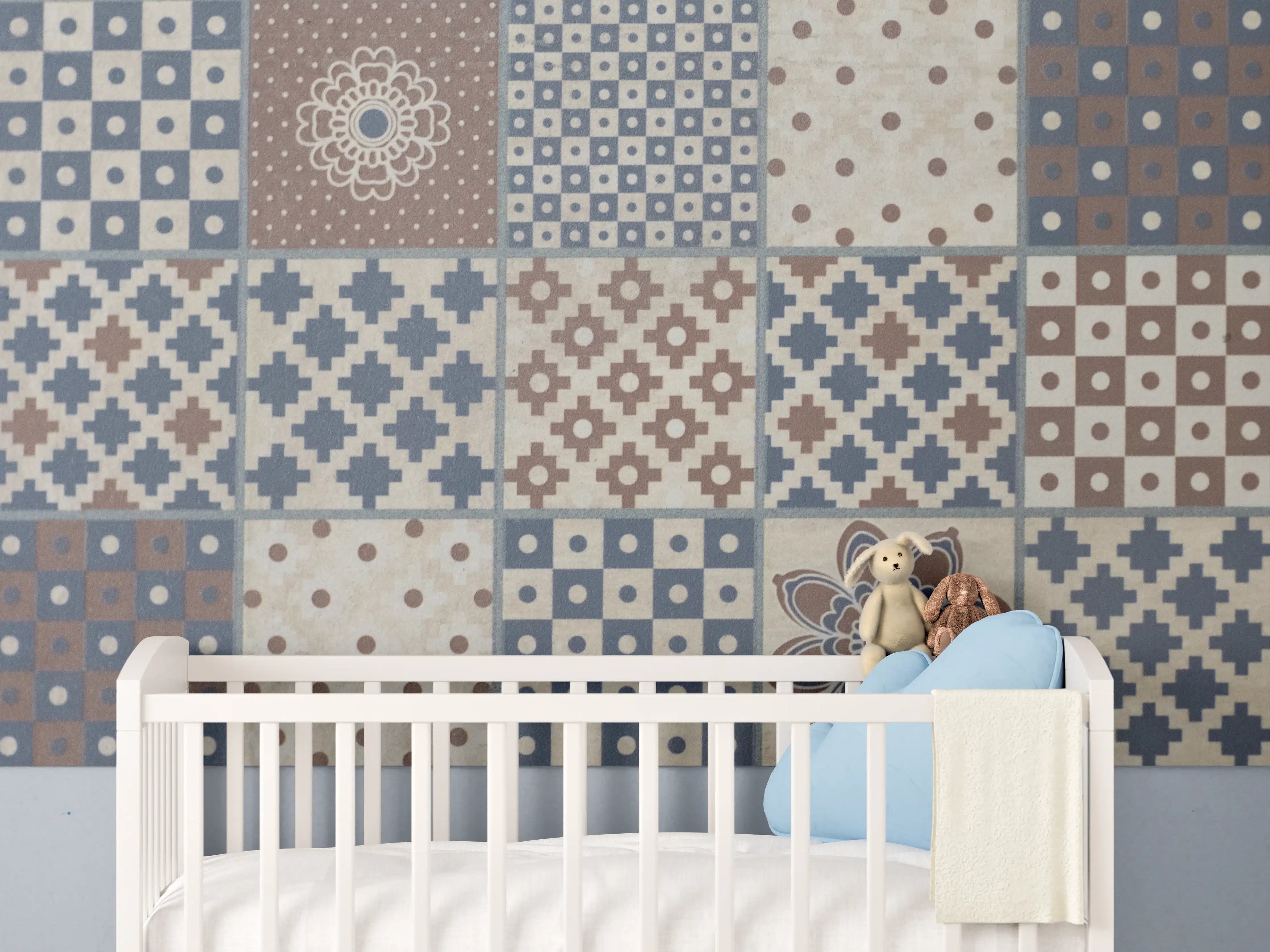 Babyzimmer Wandgestaltung - Historische Fliesenmuster in Blau und Braun