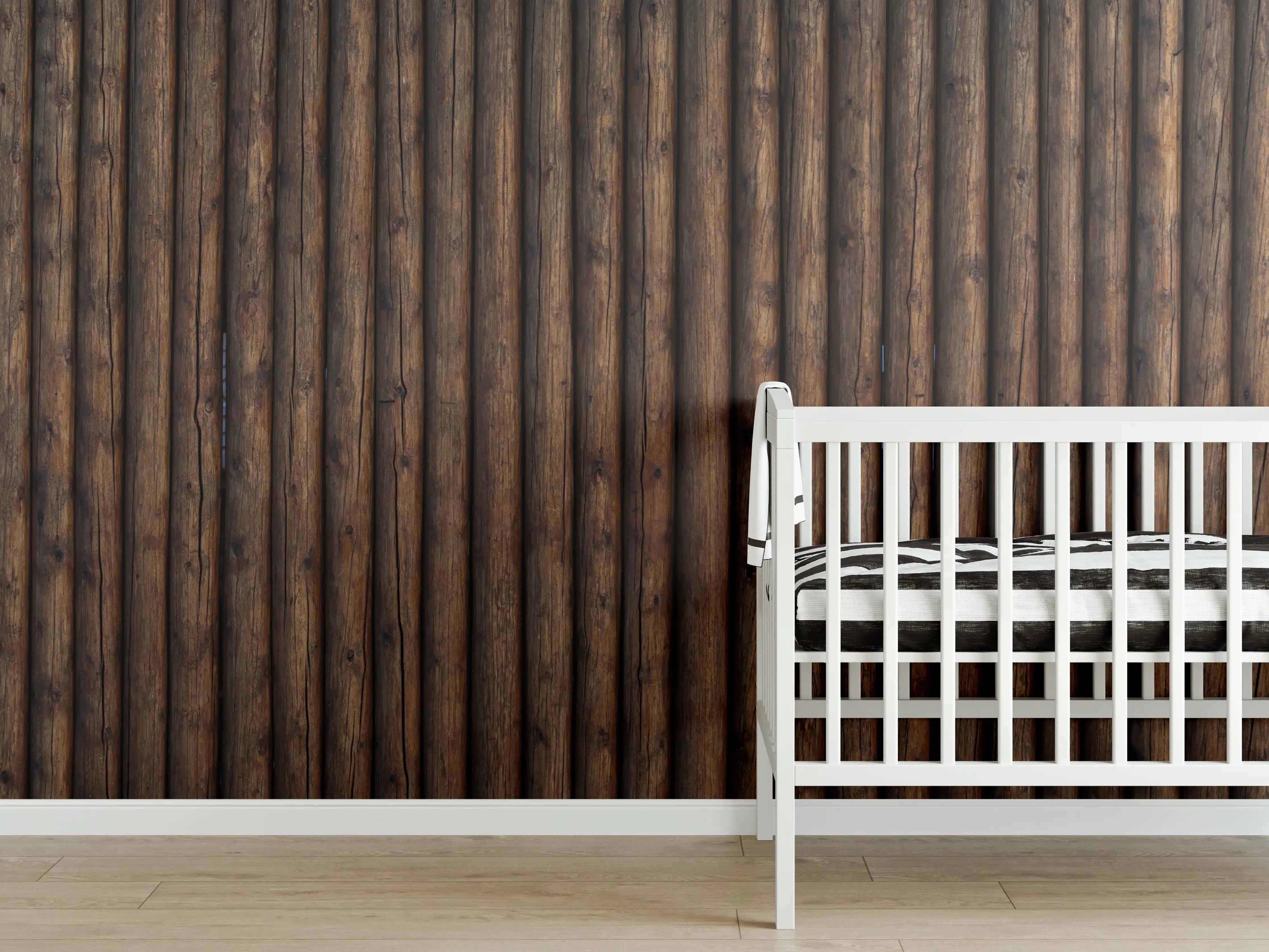 Babyzimmer Wandgestaltung - Holzoptik mit dunklen, geraden Linien