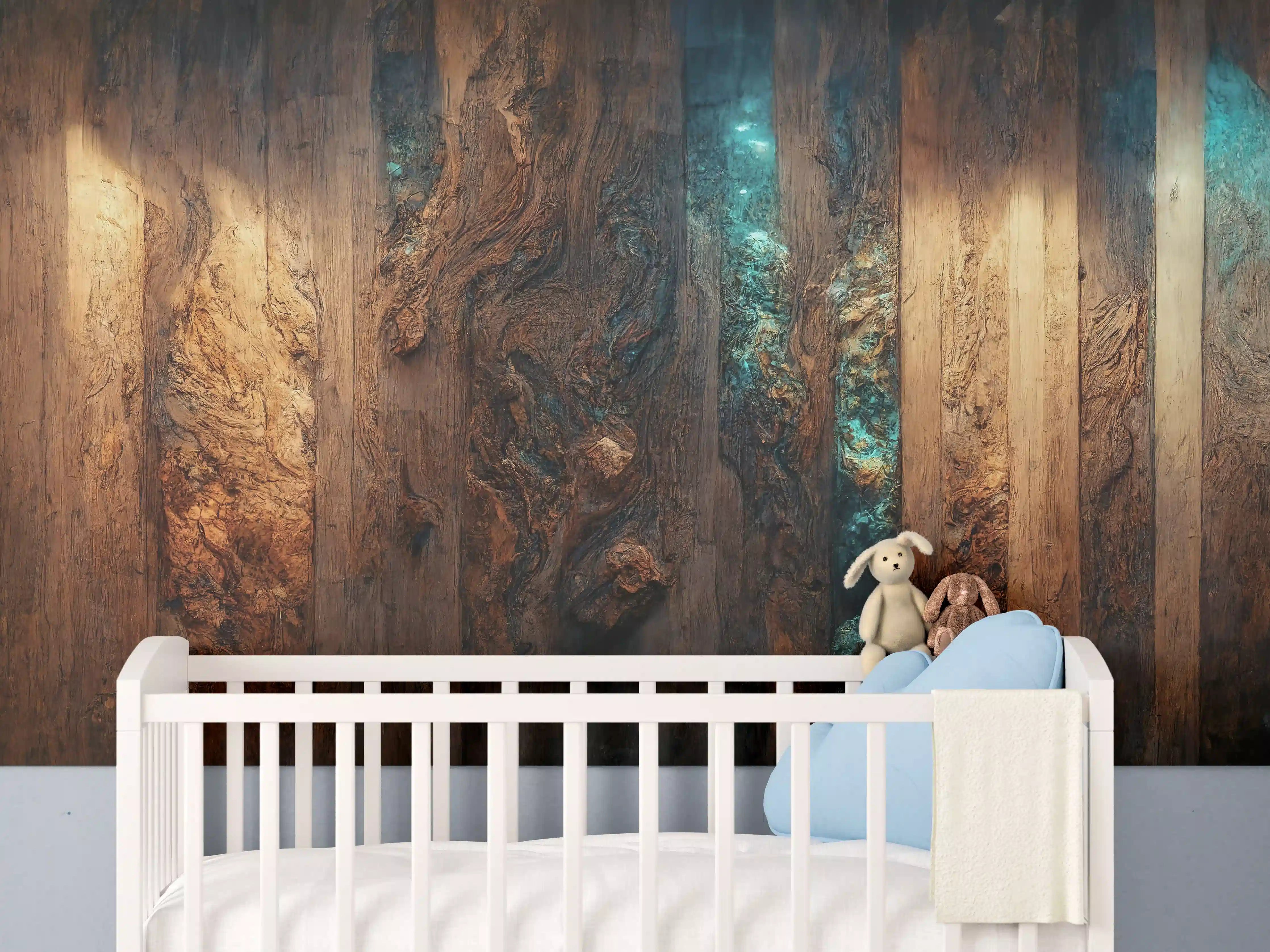 Babyzimmer Wandgestaltung - Holztisch mit blauen Epoxidharz
