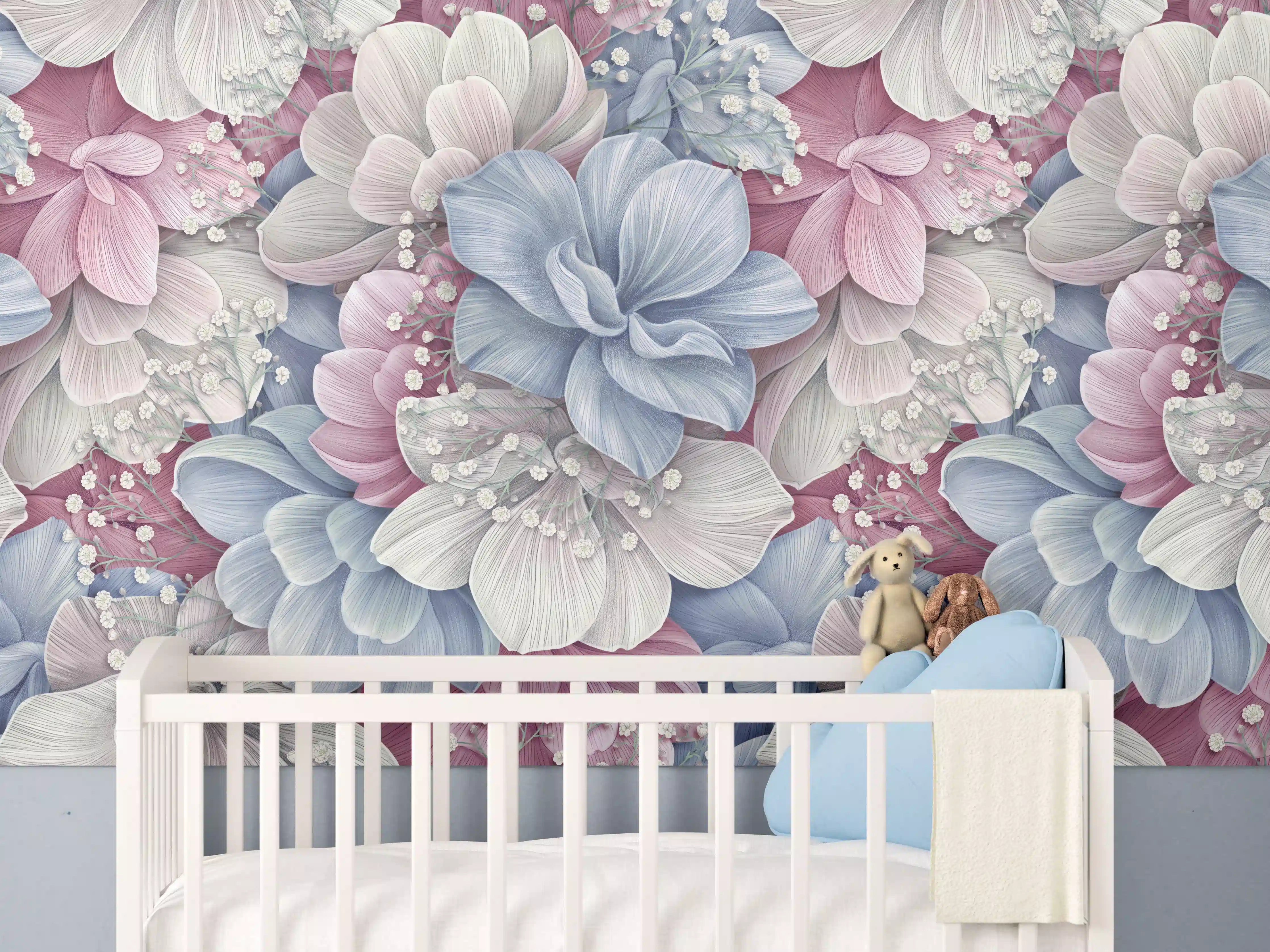 Babyzimmer Wandgestaltung - Hortensienblüten - Aquarellmalerei