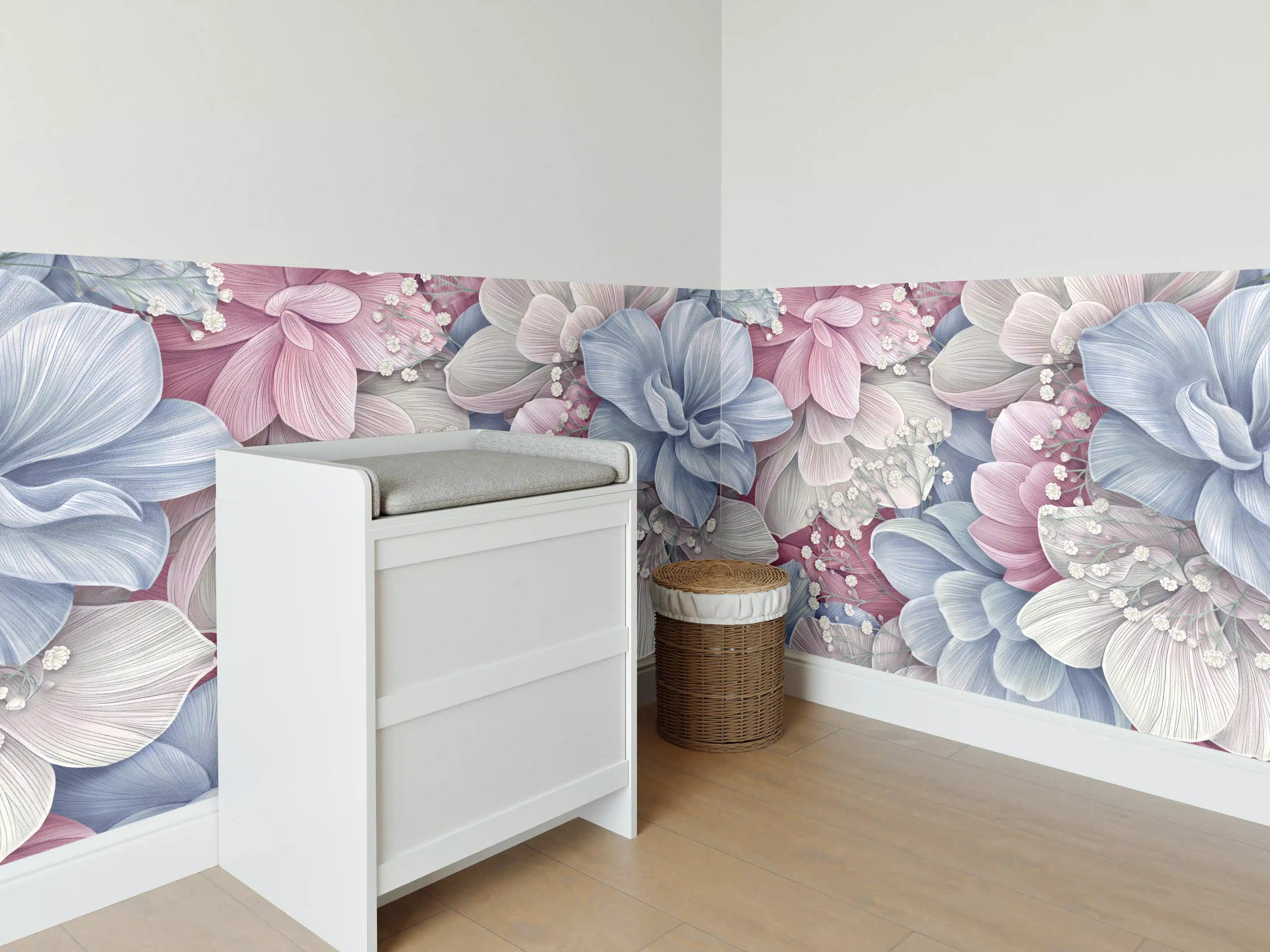 Babyzimmer Wandgestaltung - Hortensienblüten - Aquarellmalerei