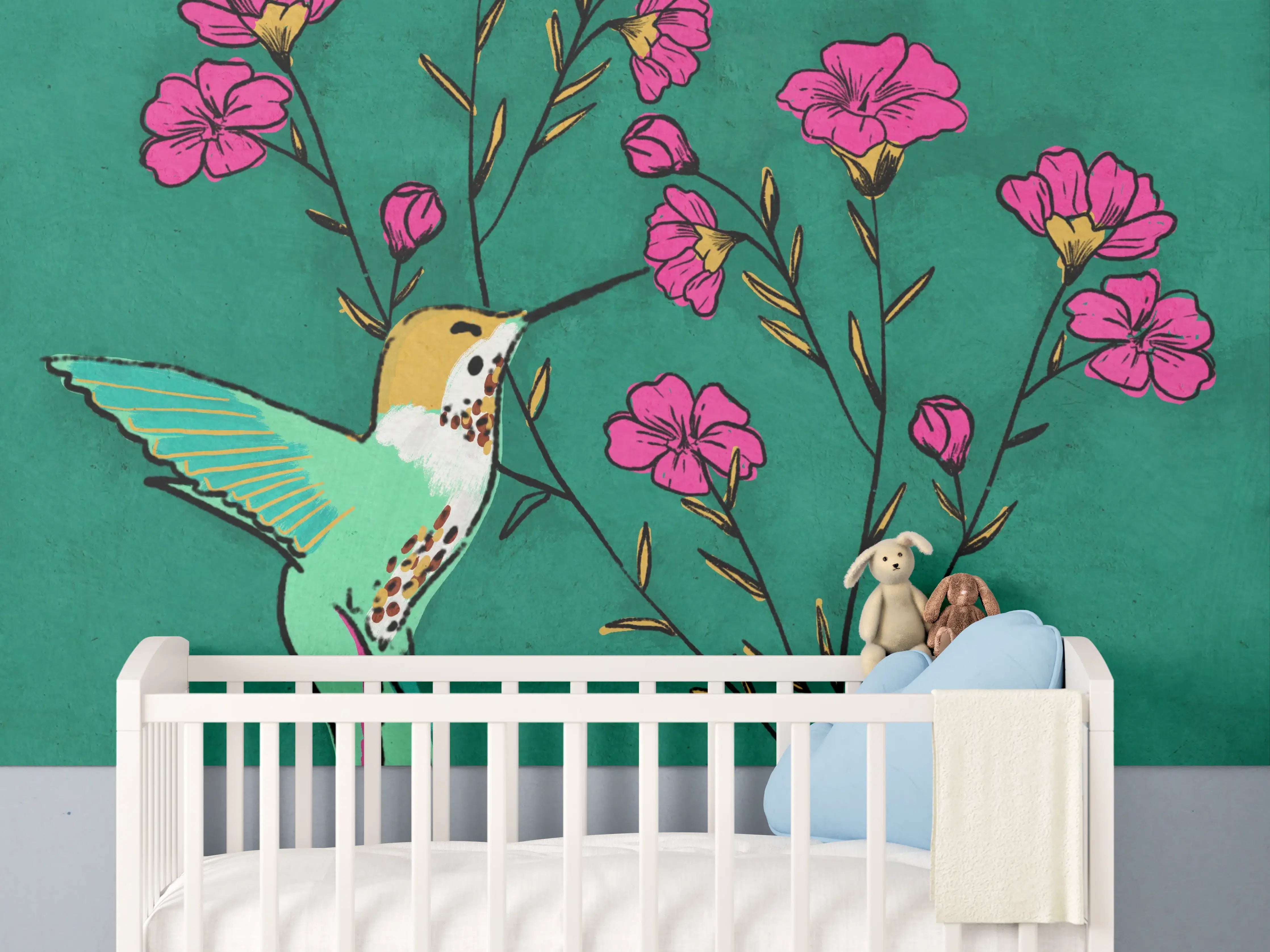 Babyzimmer Wandgestaltung - Hummingbird und Blumen in lebendigen Farben