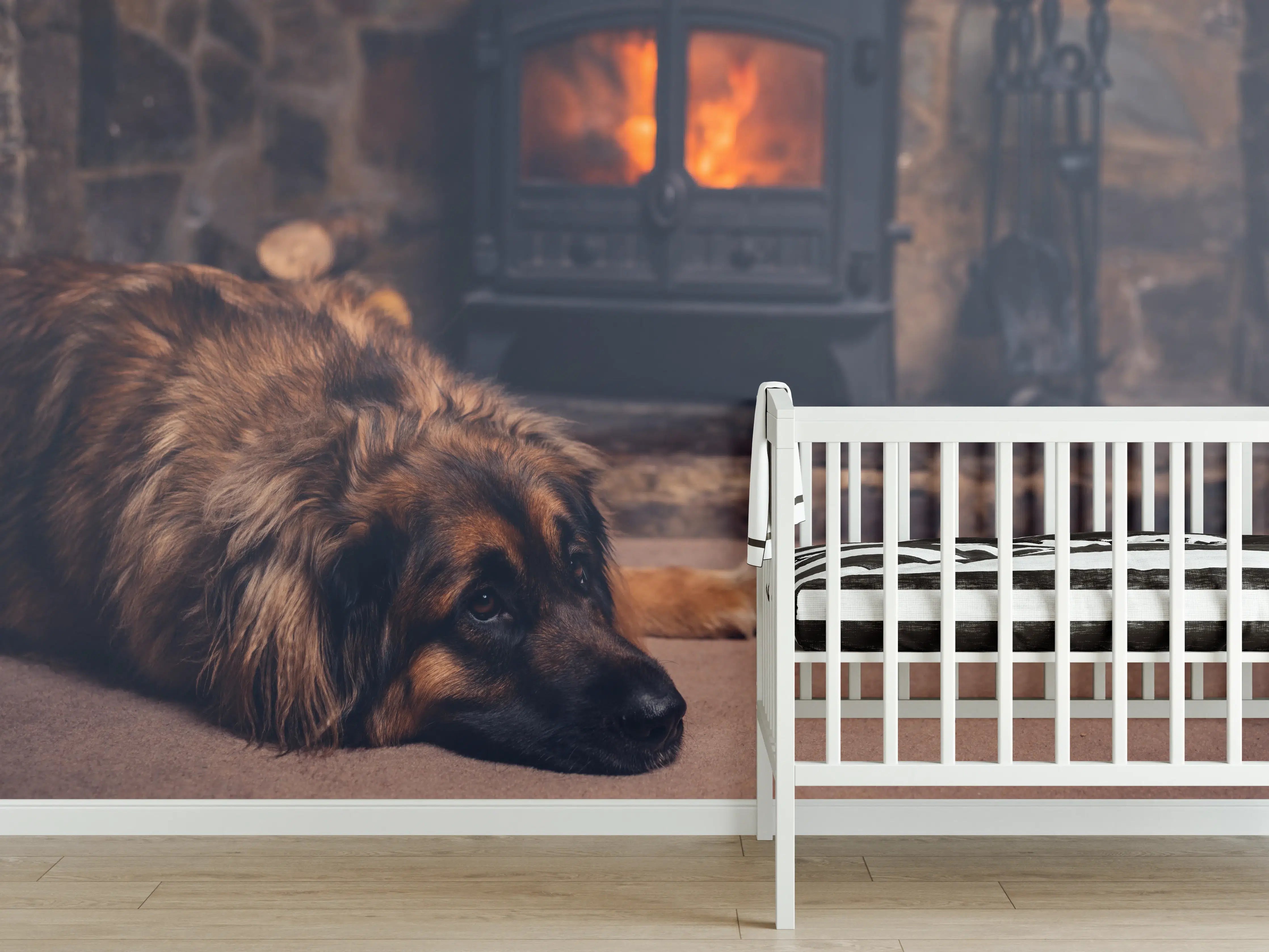 Babyzimmer Wandgestaltung - Hund entspannt am Feuer