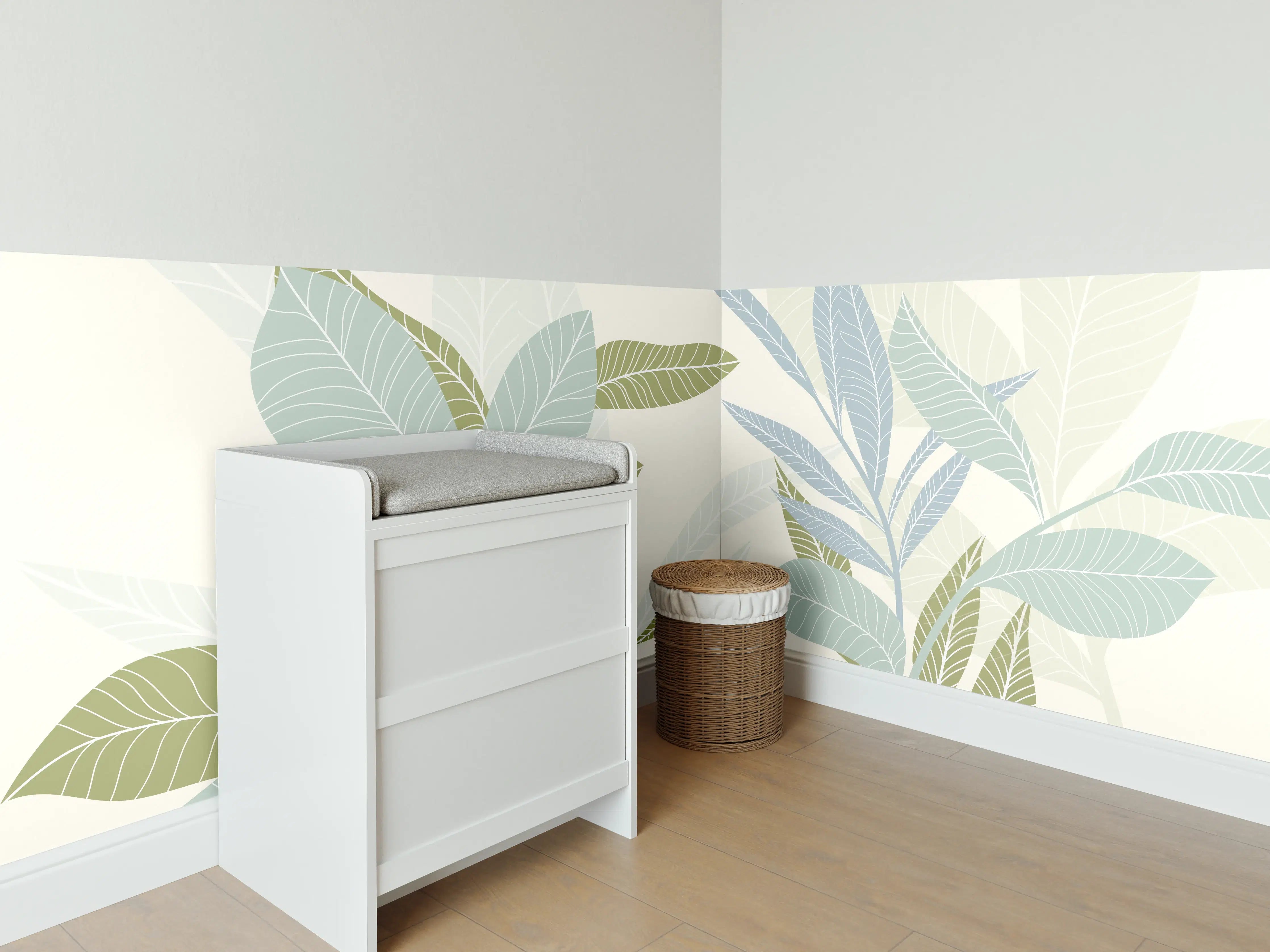 Babyzimmer Wandgestaltung - Illustrierte Blättermotiv Tapete