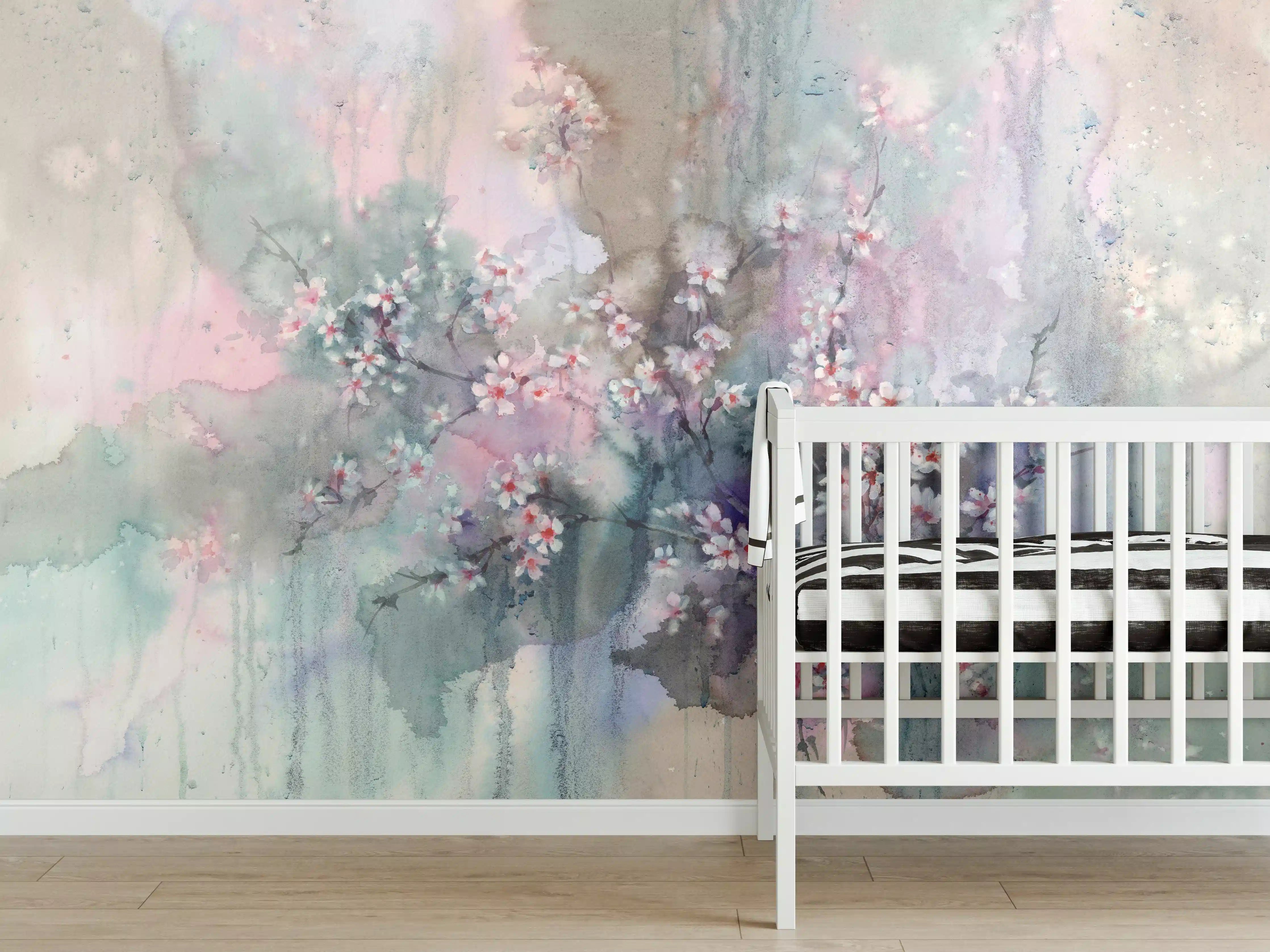 Babyzimmer Wandgestaltung - Japanische Kirchblüten mit Aquarell Muster